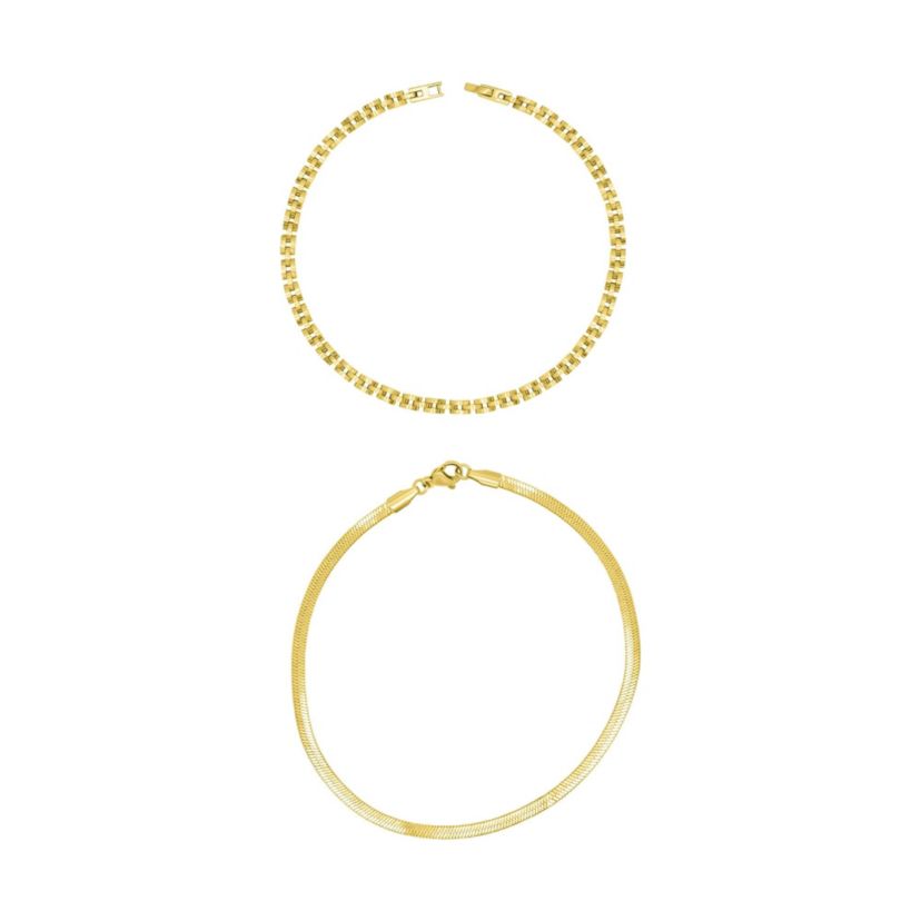 Tarnish Resistant 14k Gold Plated Watch Band and Herringbone Anklet Set