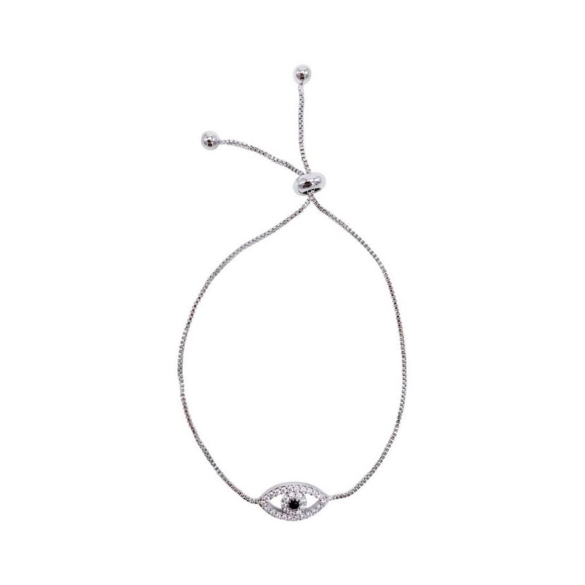 Rhodium Plated Adjustable Evil Eye Bolo Bracelet