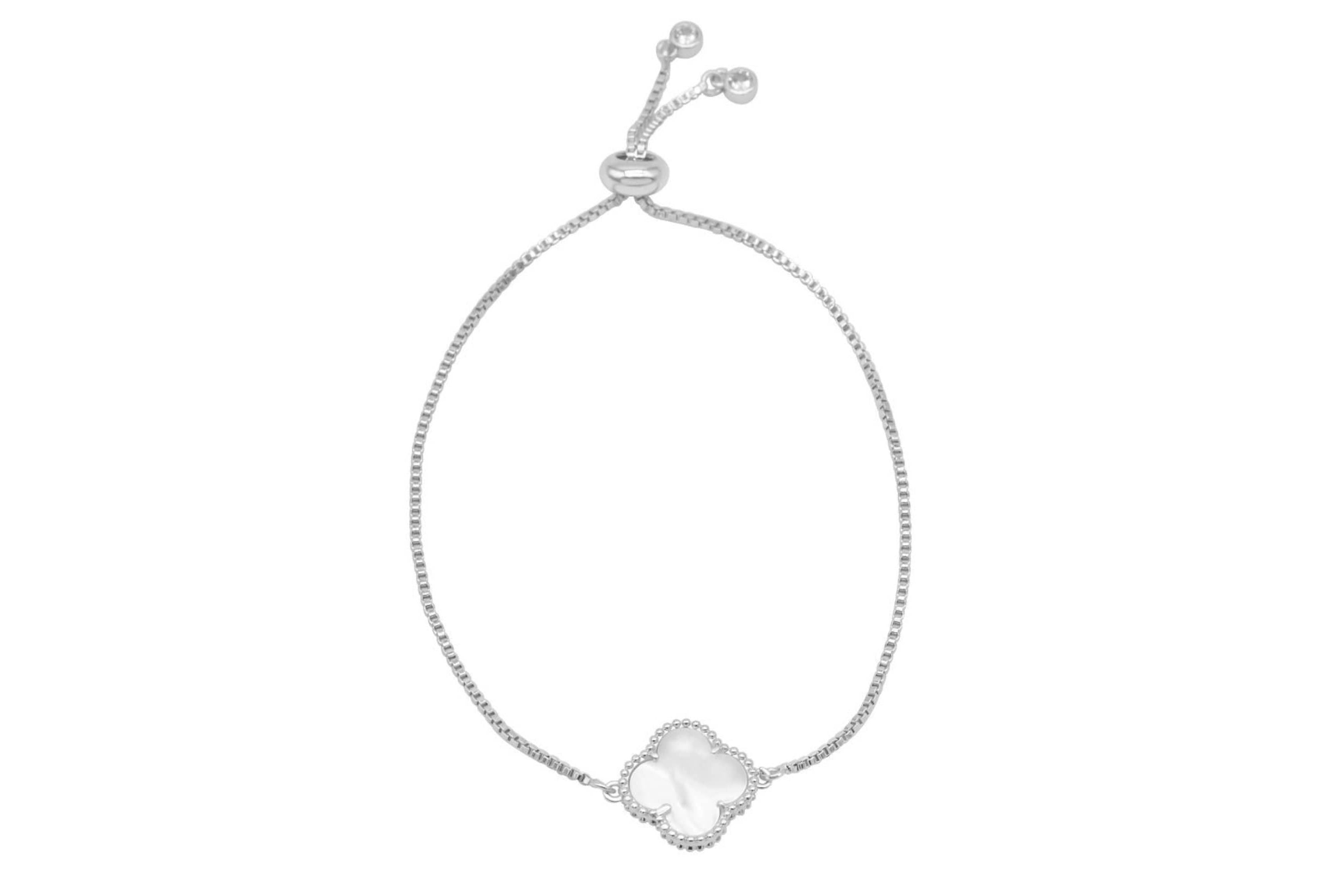 Adjustable Bolo White Mother of Pearl Flower Bracelet silver