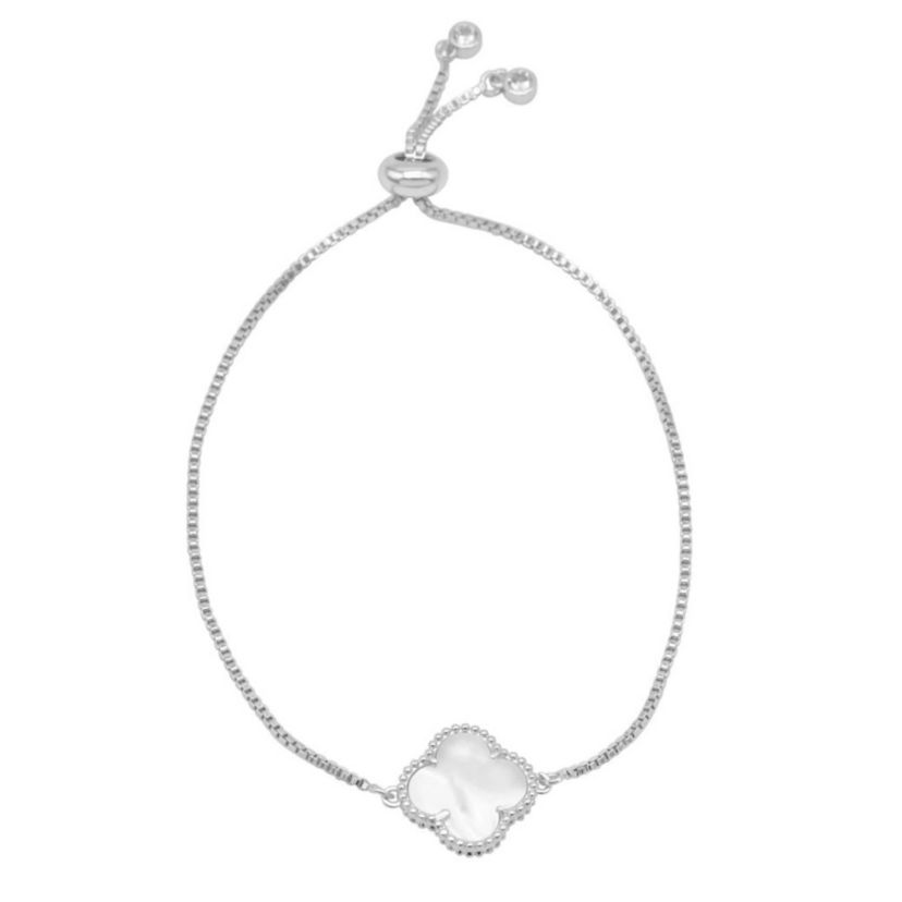 Adjustable Bolo White Mother of Pearl Flower Bracelet silver