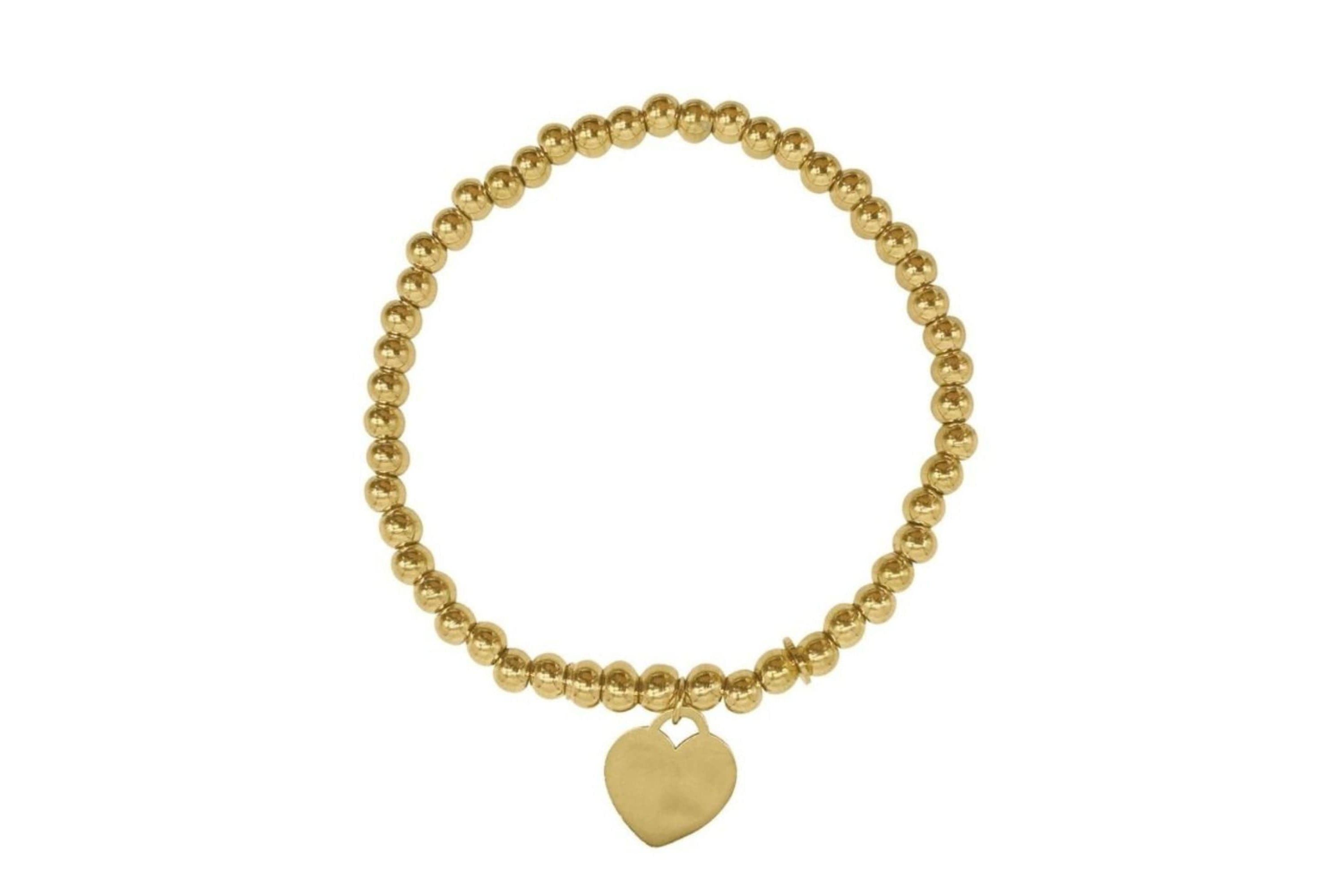14k Gold Plated Beaded Stretch Bracelet with Heart Charm
