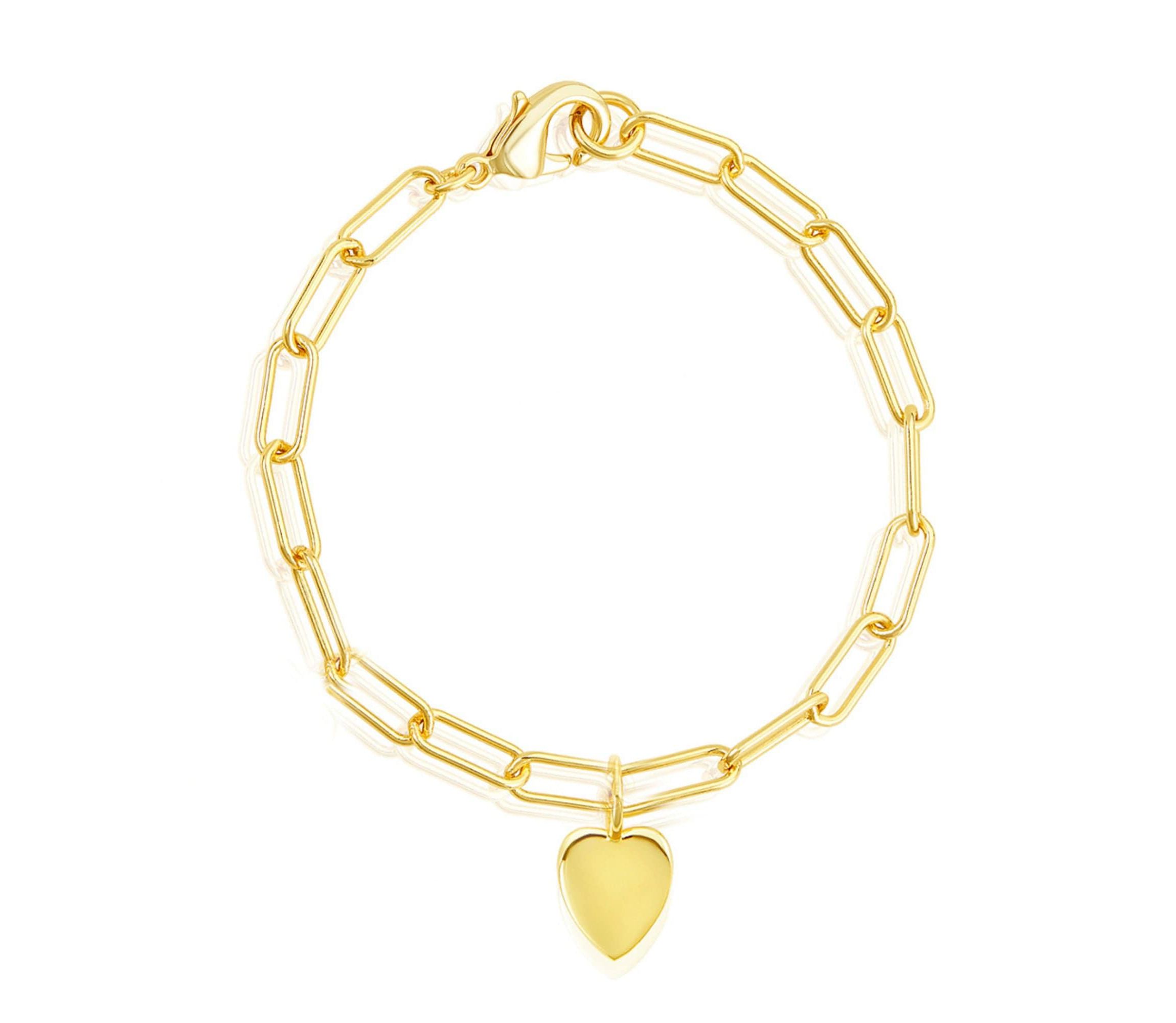 14k Gold Plated Heart Charm Paper Clip Chain Bracelet