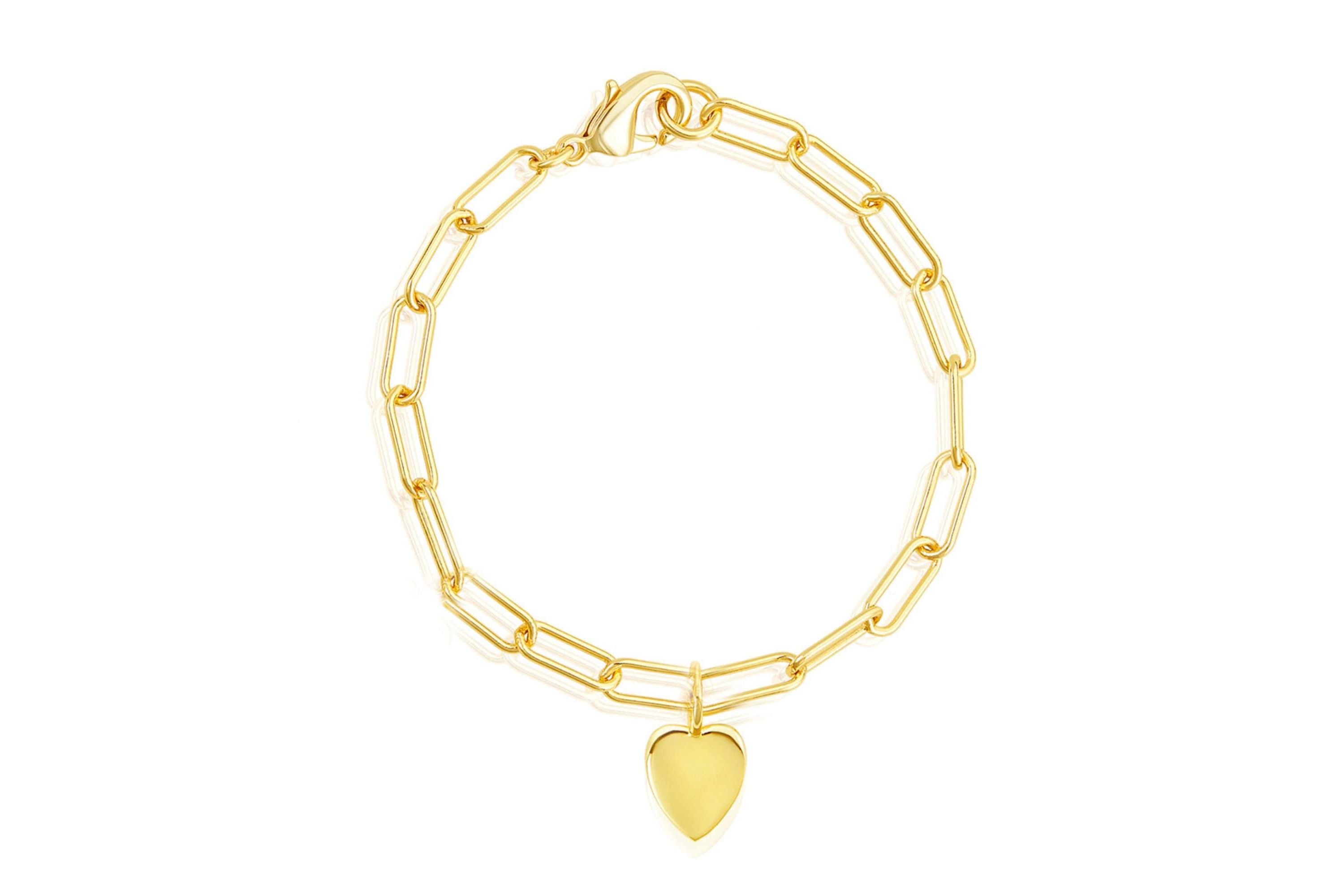 14k Gold Plated Heart Charm Paper Clip Chain Bracelet