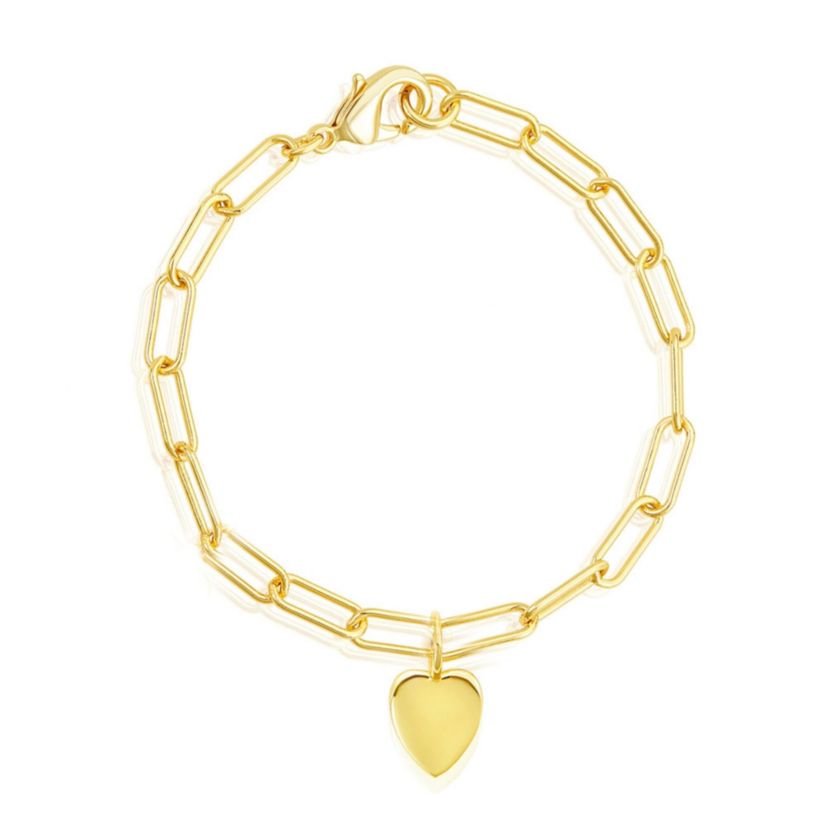 14k Gold Plated Heart Charm Paper Clip Chain Bracelet