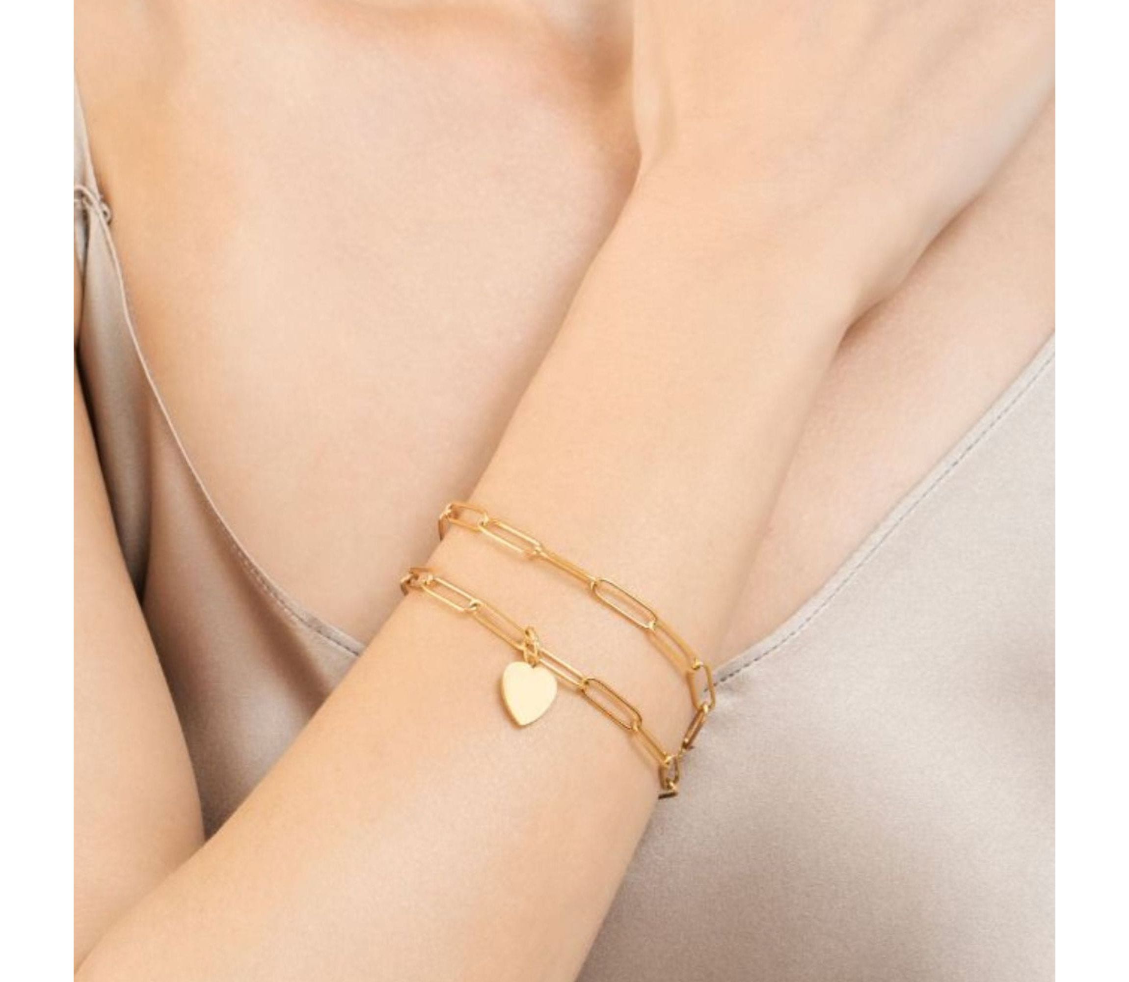 14k Gold Plated Heart Charm Paper Clip Chain Bracelet