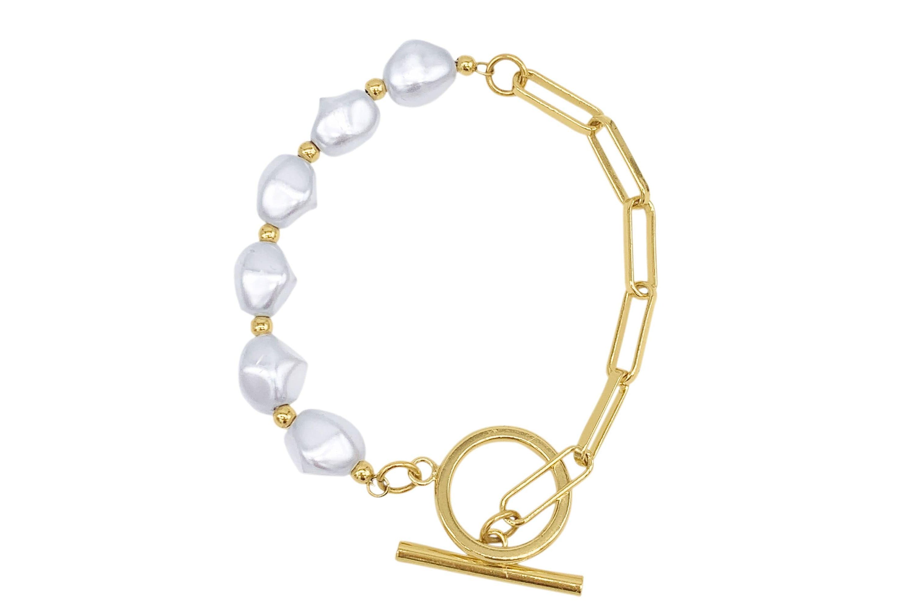 14k Gold Plated Chain Toggle Pearl Bracelet