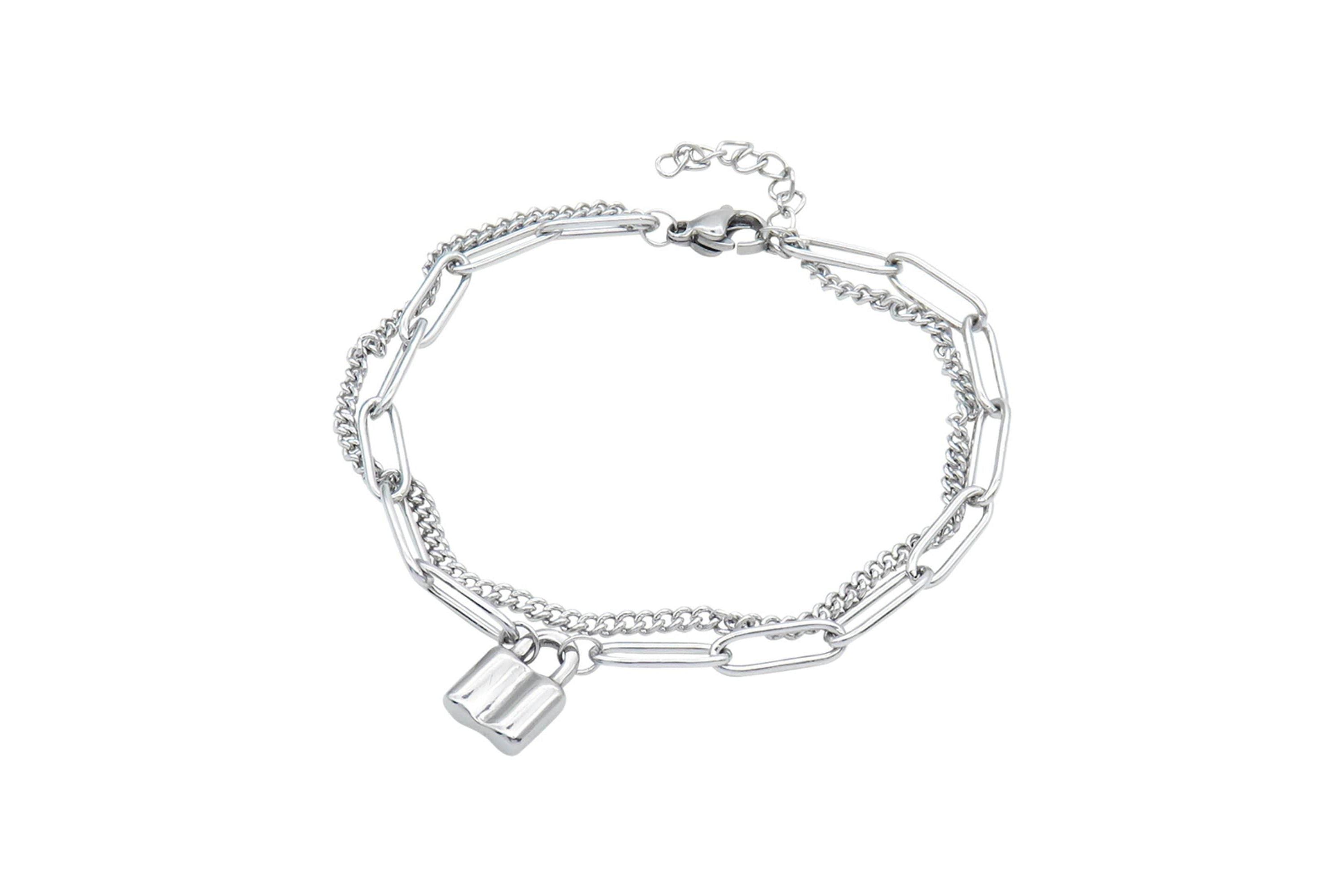 Tarnish Resistant Rhodium Plated Padlock Mixed Chain Bracelet