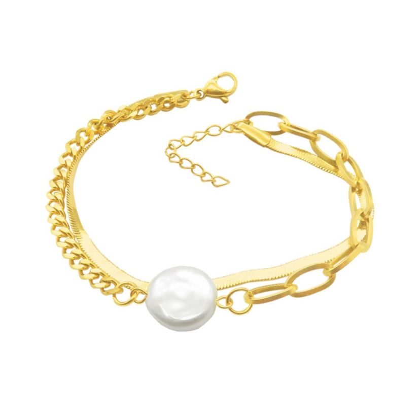 Tarnish Resistant 14k Gold Plated Mixed Chain Pearl Bracelet