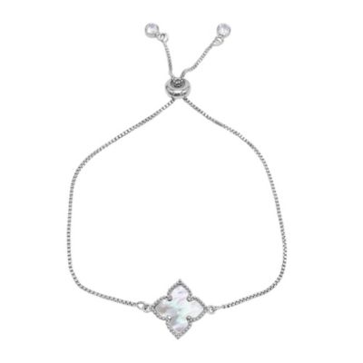 Adornia Rhodium Plated White Mother of Pearl Flower Adjustable Bolo Bracelet
