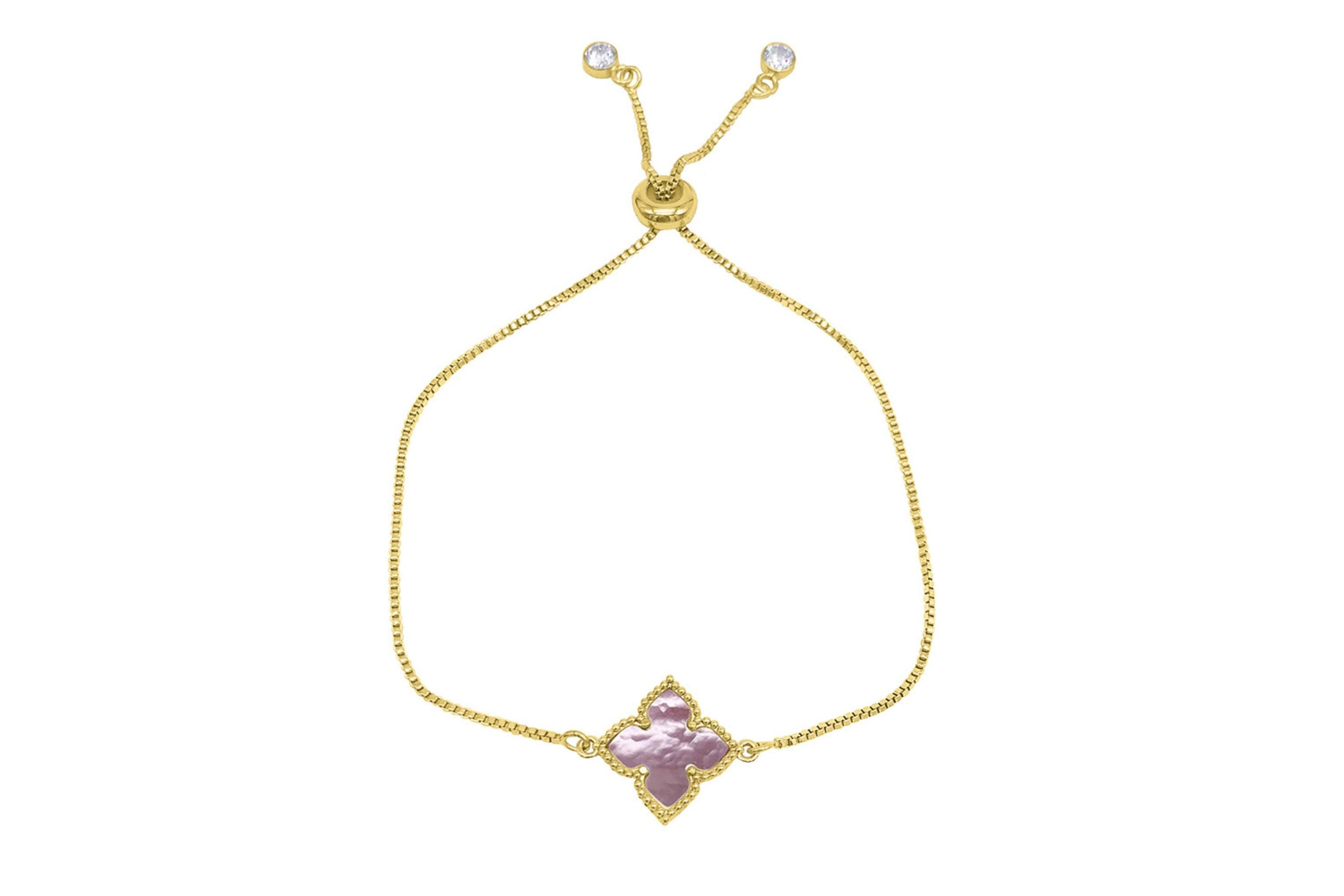 14k Gold Plated Pink Mother of Pearl Flower Adjustable Bolo Bracelet