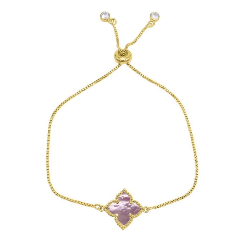 14k Gold Plated Pink Mother of Pearl Flower Adjustable Bolo Bracelet