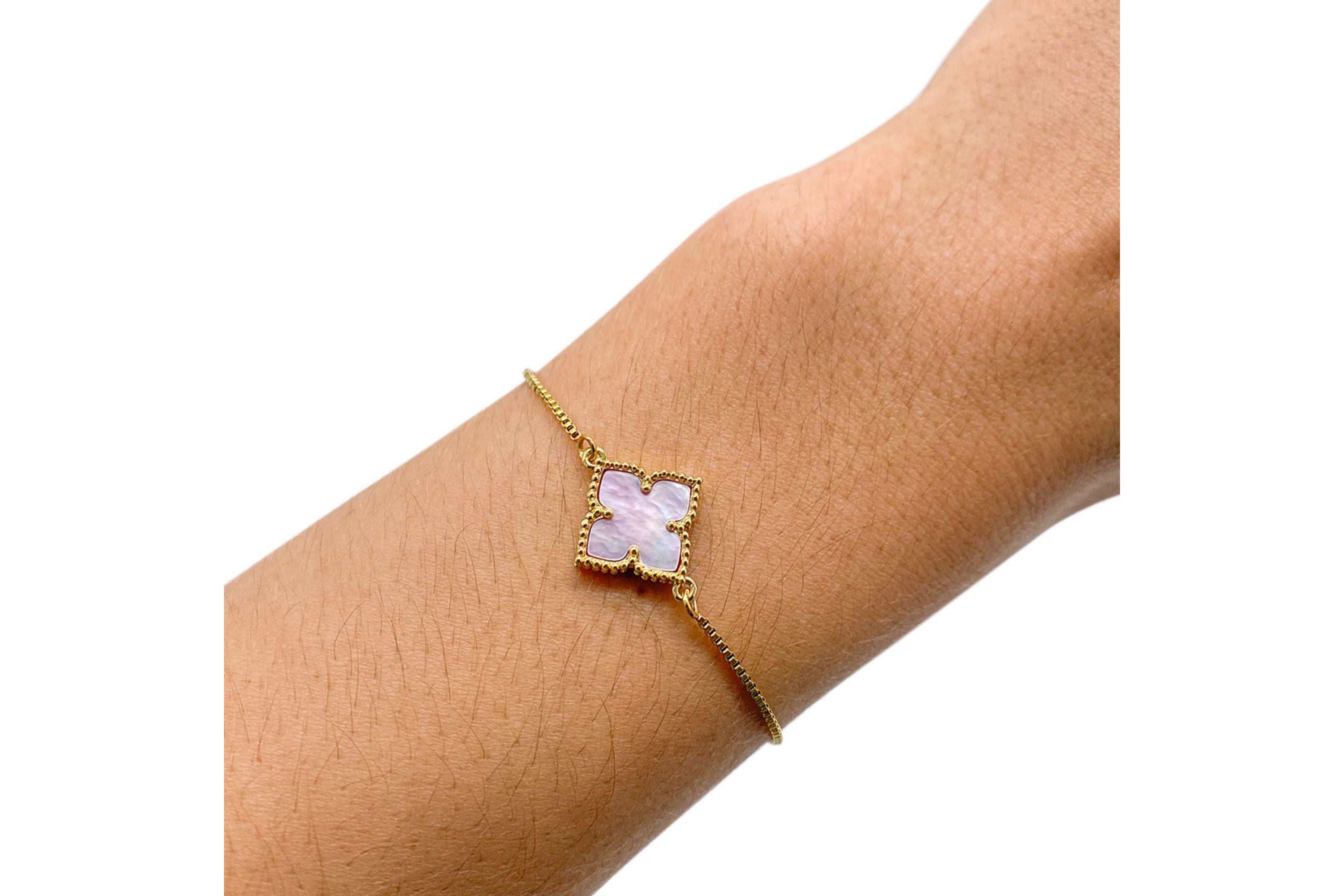 14k Gold Plated Pink Mother of Pearl Flower Adjustable Bolo Bracelet
