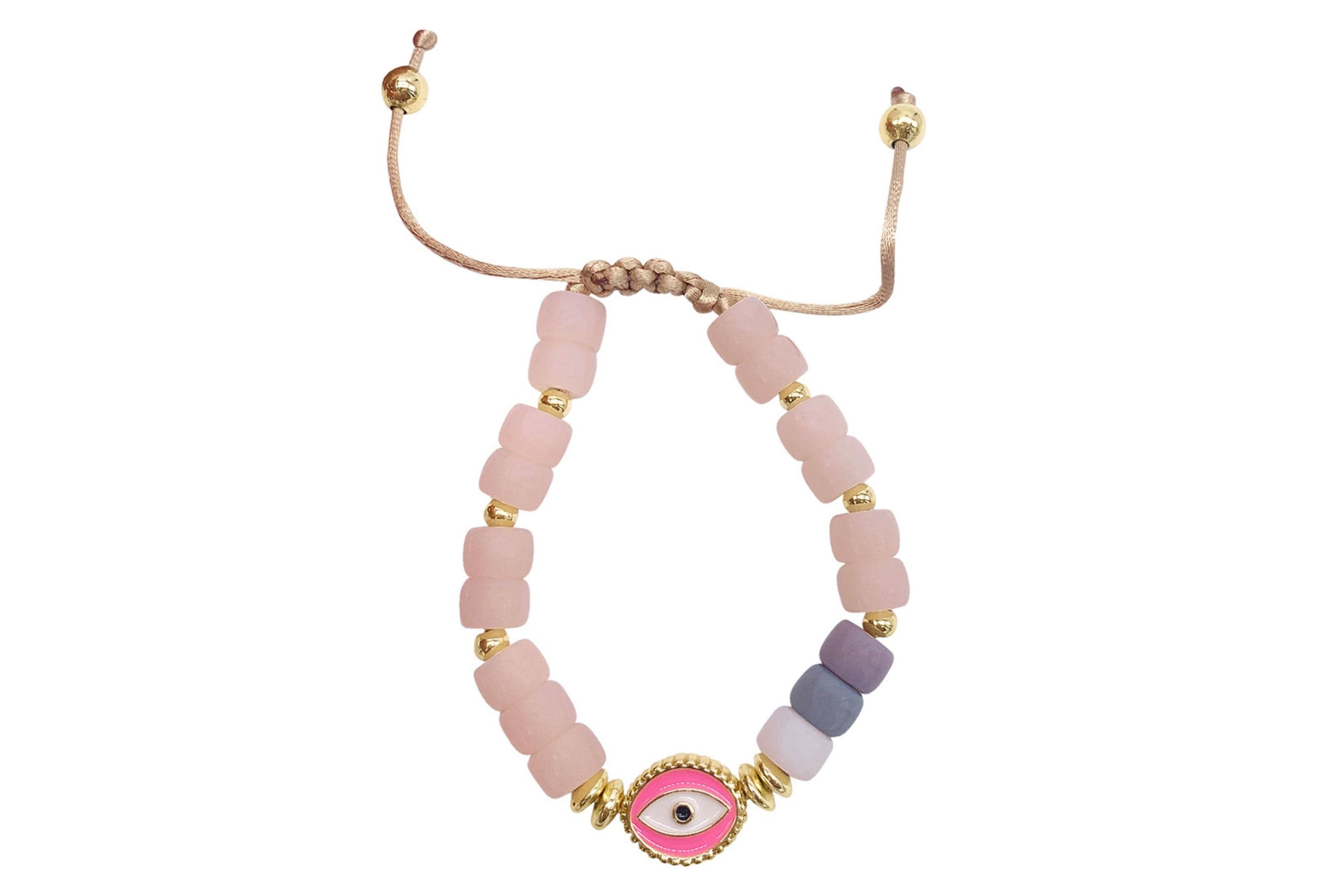 Pink Evil Eye Enamel Beaded Bolo Bracelet