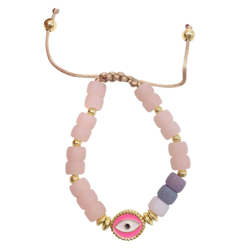 Pink Evil Eye Enamel Beaded Bolo Bracelet