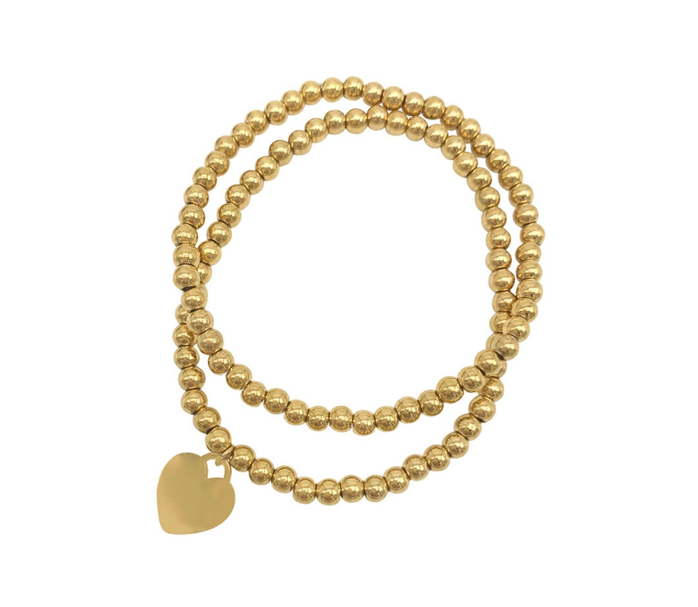 Tarnish Resistant 14k Gold Plated Set of Ball Bracelets with Heart