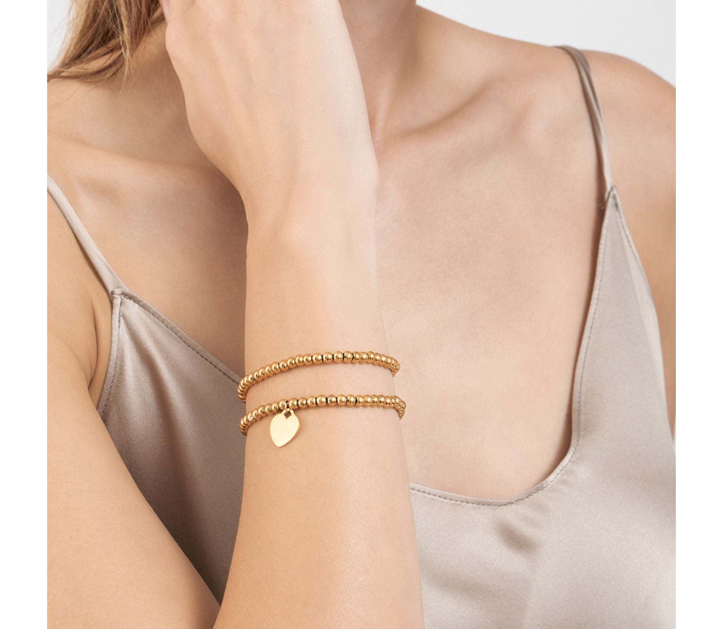 Tarnish Resistant 14k Gold Plated Set of Ball Bracelets with Heart