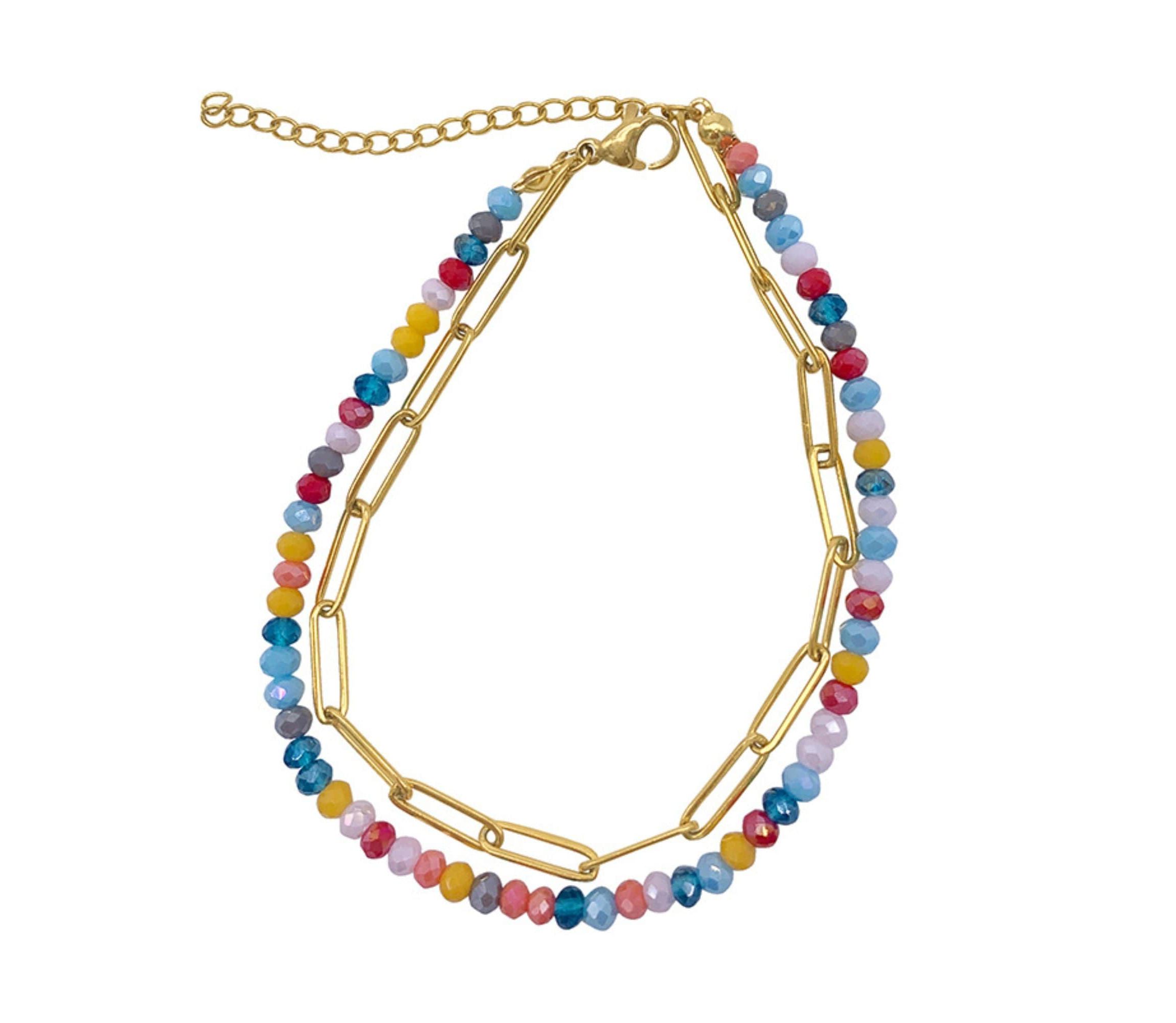 14k Gold Plated Multi Color Bead and Paper Clip Chain Double Bracelet