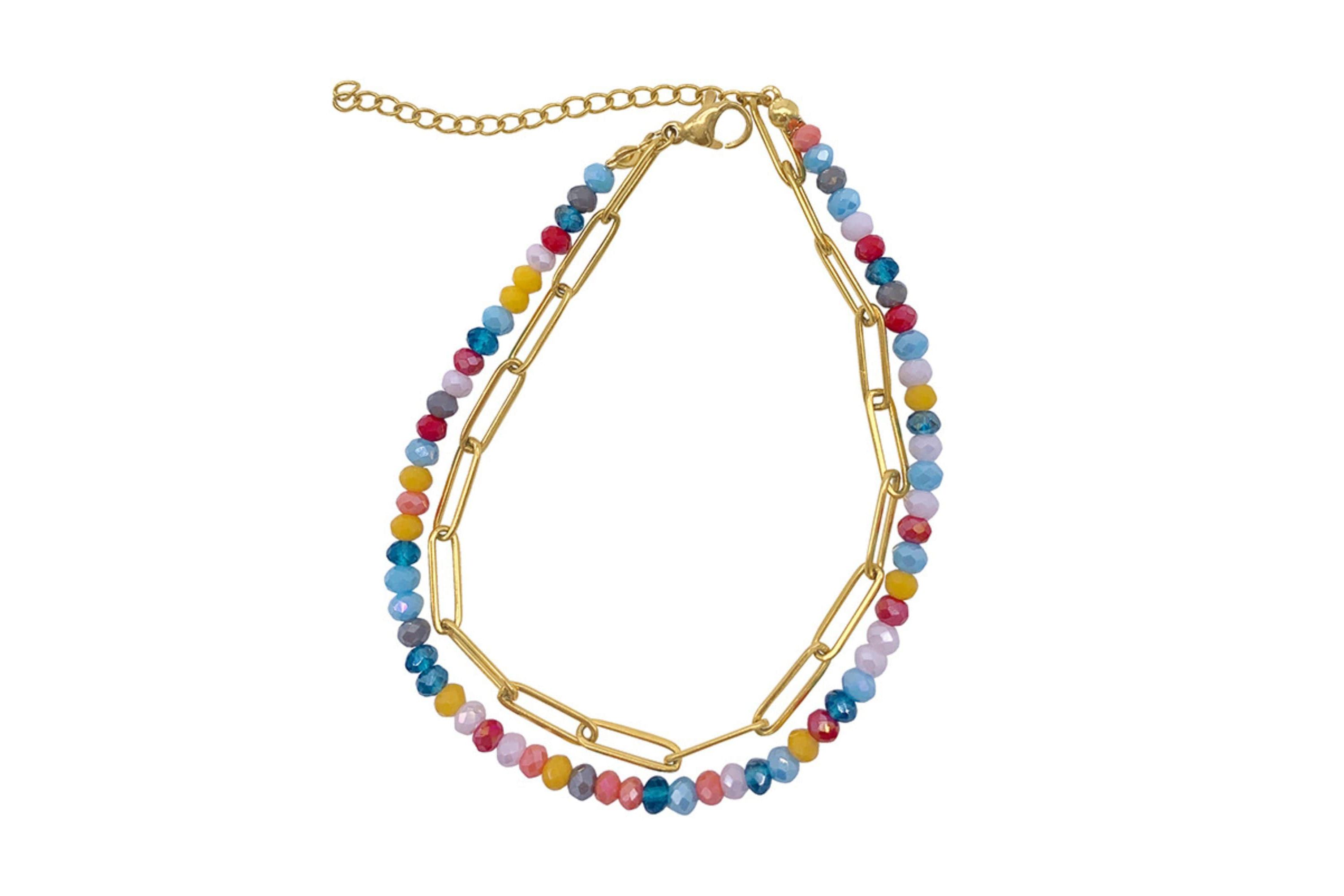14k Gold Plated Multi Color Bead and Paper Clip Chain Double Bracelet