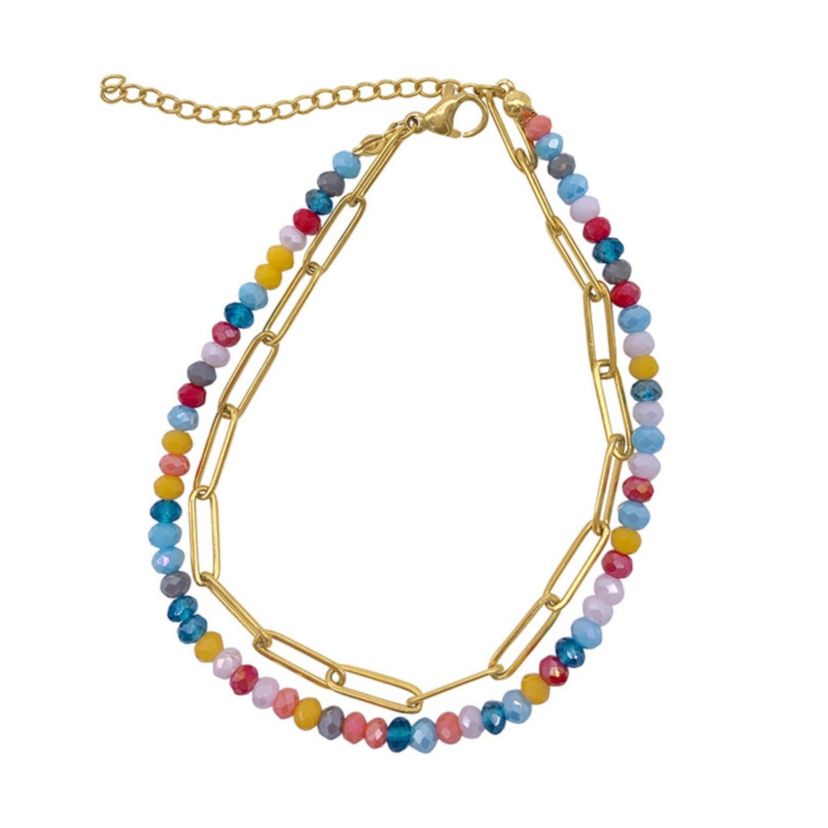 14k Gold Plated Multi Color Bead and Paper Clip Chain Double Bracelet