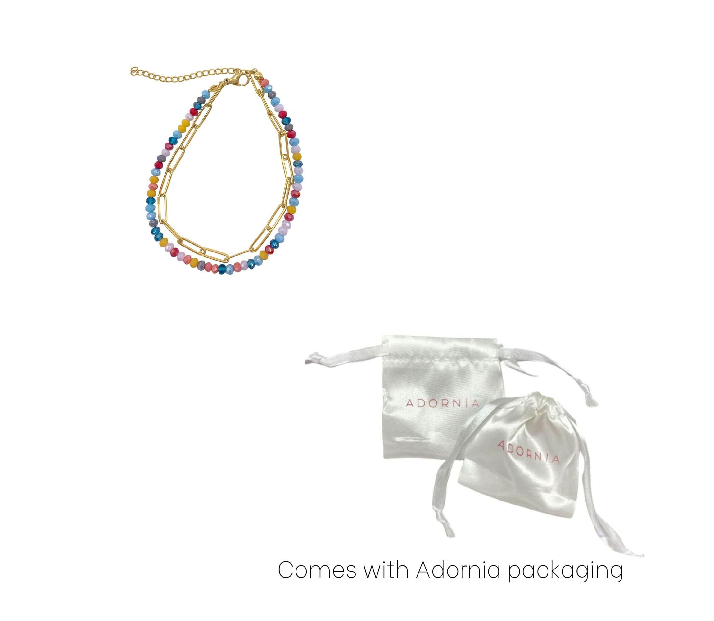 14k Gold Plated Multi Color Bead and Paper Clip Chain Double Bracelet