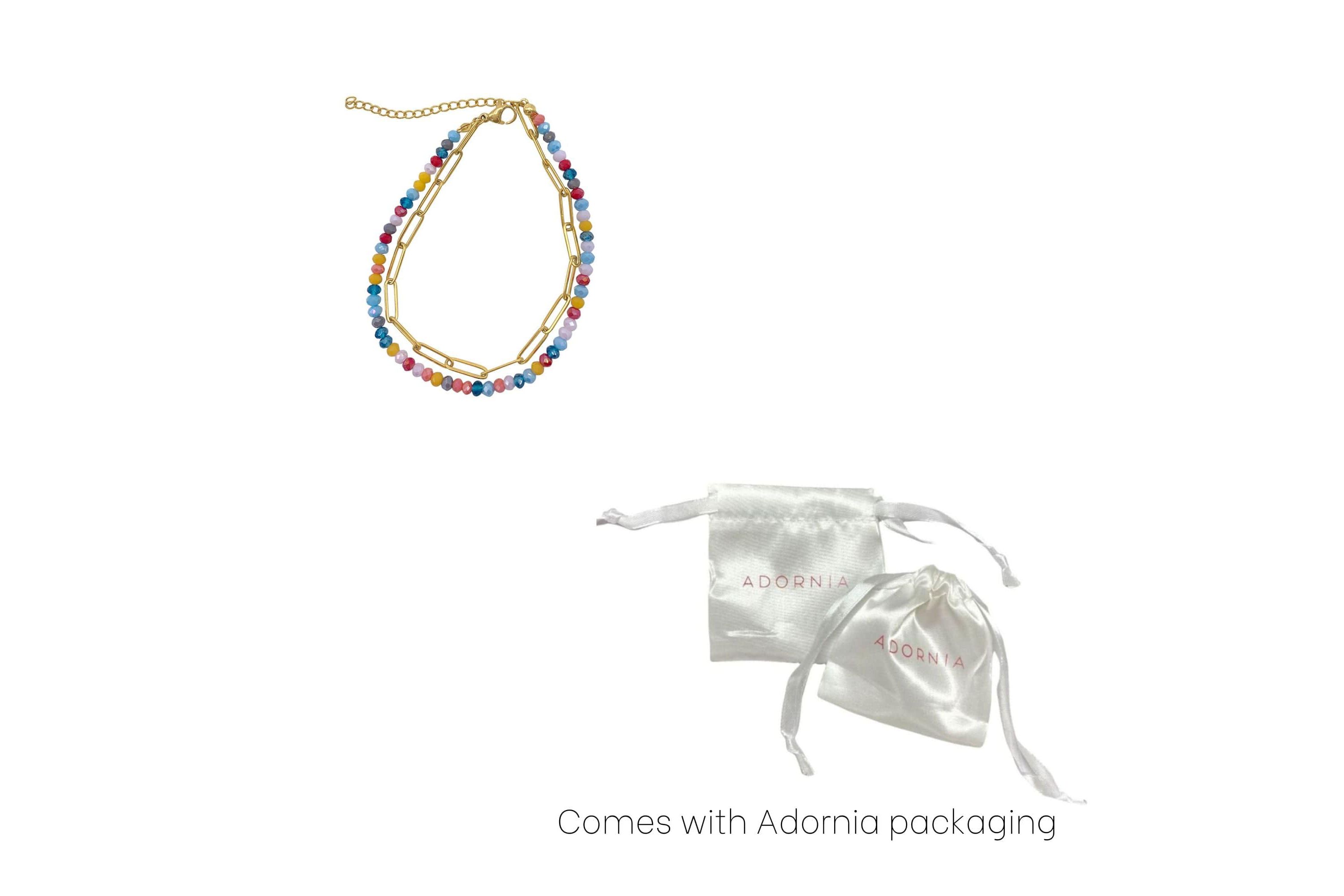 14k Gold Plated Multi Color Bead and Paper Clip Chain Double Bracelet