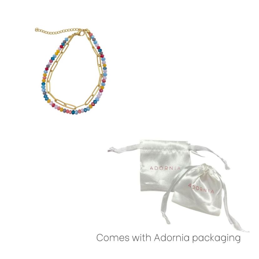 14k Gold Plated Multi Color Bead and Paper Clip Chain Double Bracelet