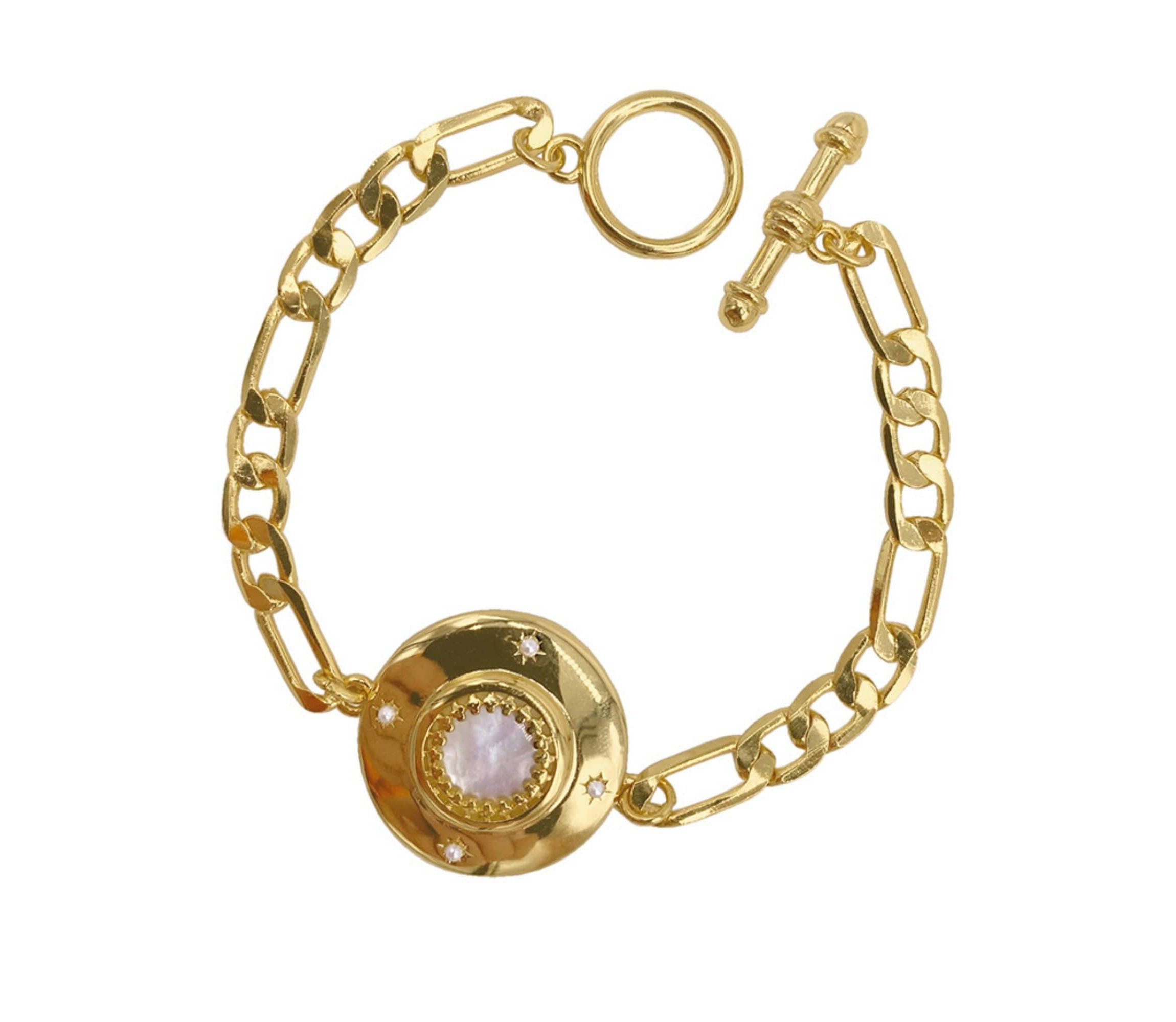 14k Gold Plated Mother of Pearl Disc Toggle Bracelet