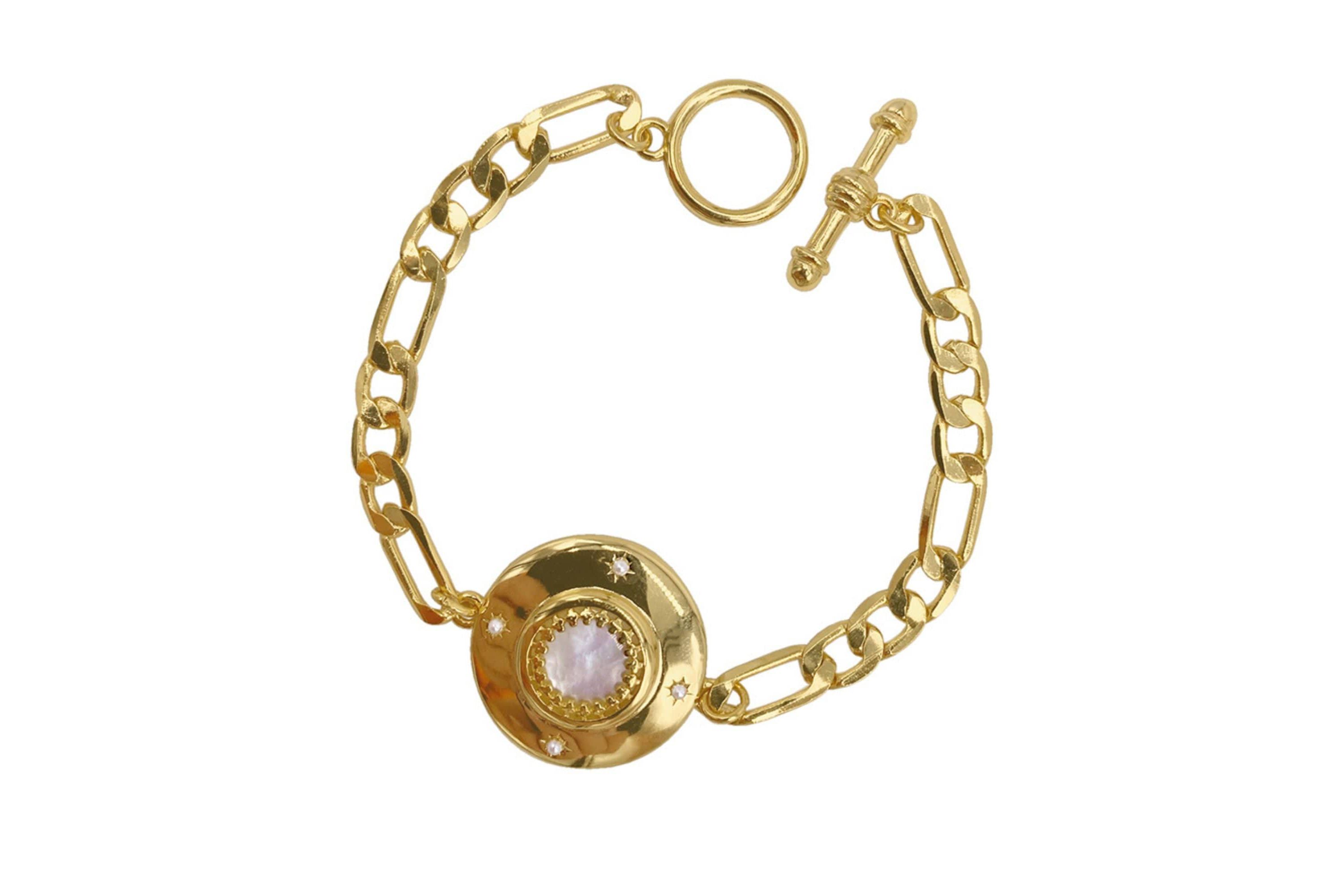 14k Gold Plated Mother of Pearl Disc Toggle Bracelet