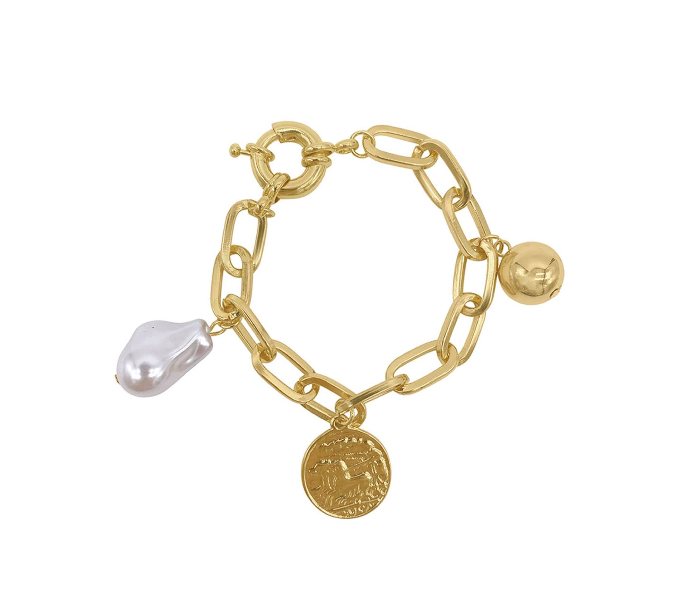 14k Gold Plated Pearl and Charm Link Bracelet with Oversized Lock
