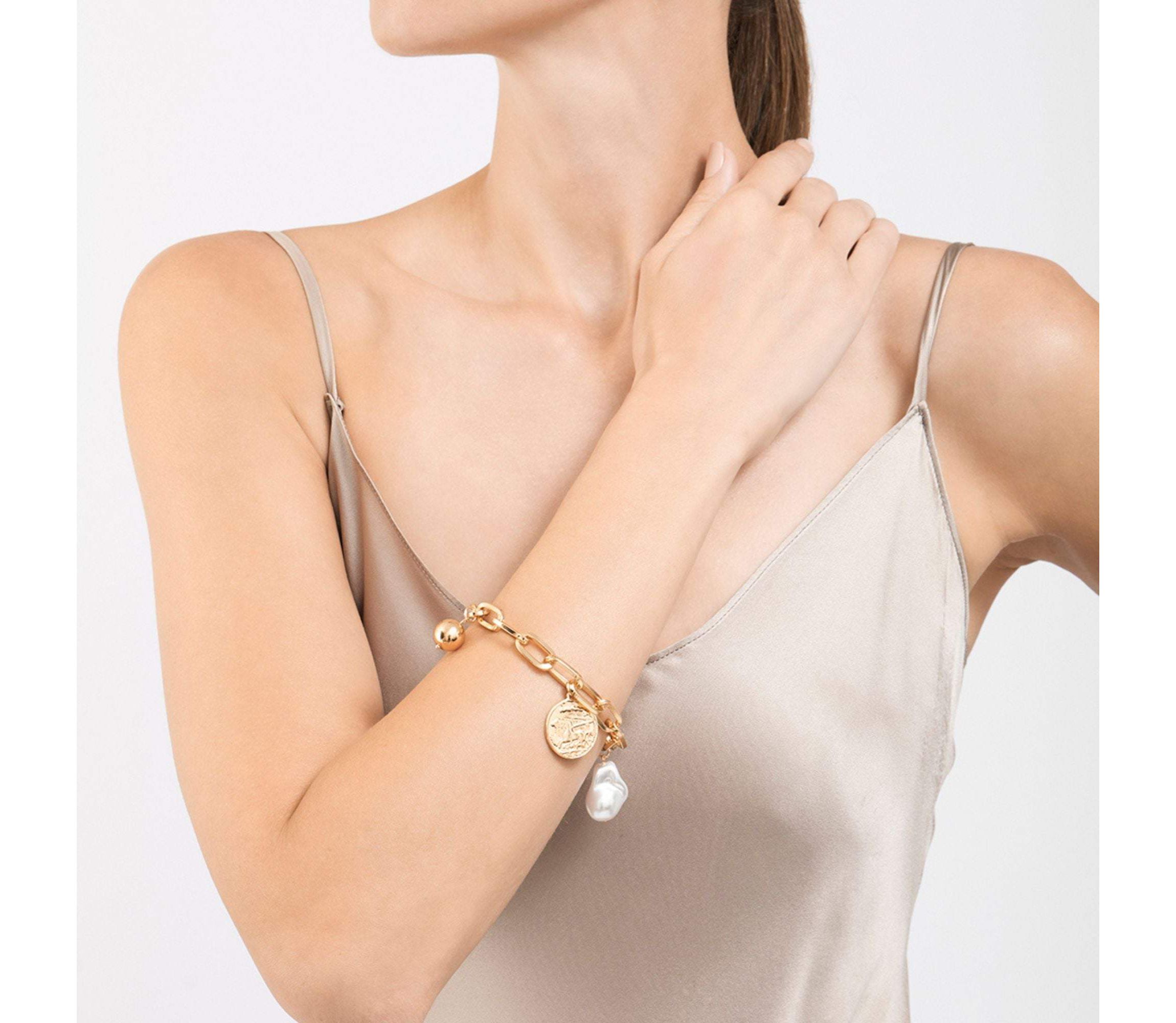 14k Gold Plated Pearl and Charm Link Bracelet with Oversized Lock