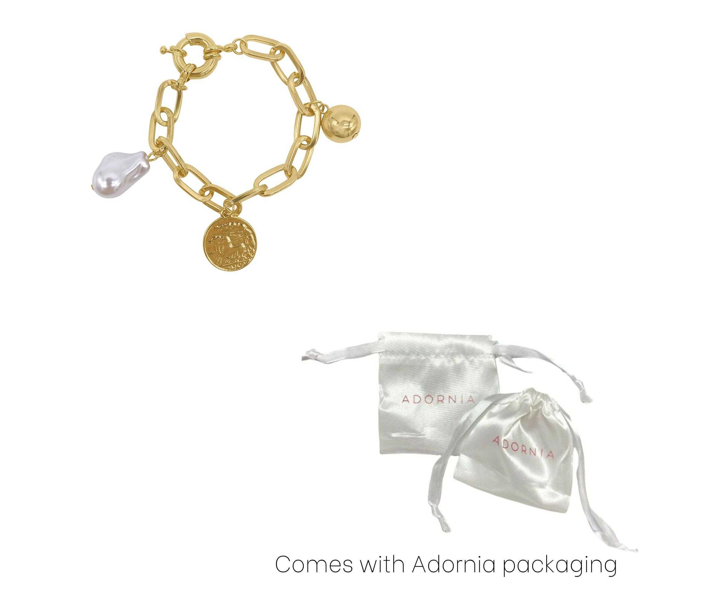 14k Gold Plated Pearl and Charm Link Bracelet with Oversized Lock