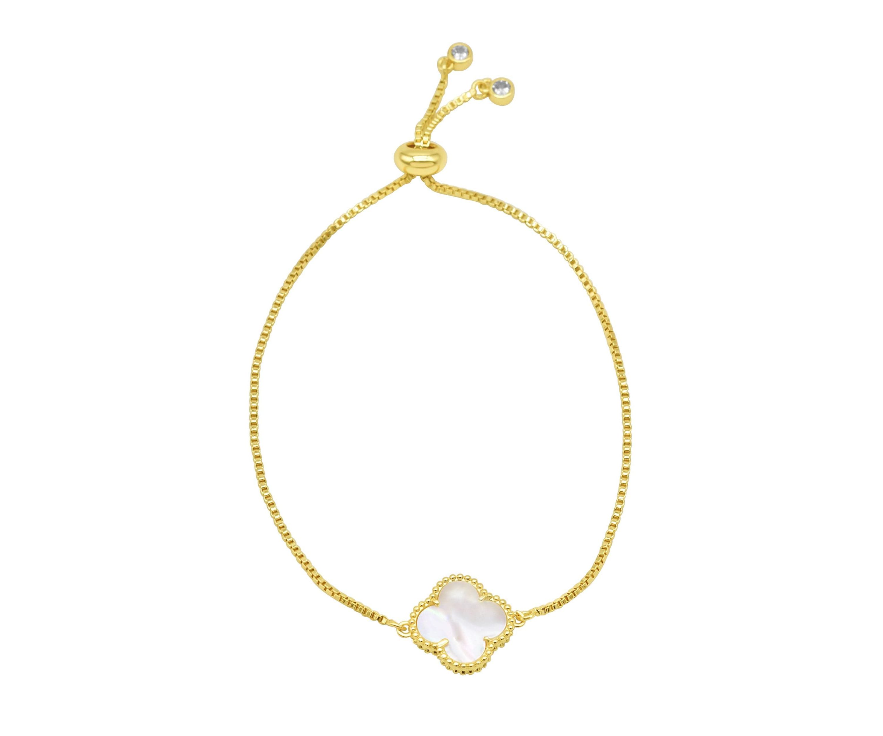 Adjustable Bolo White Mother of Pearl Flower Bracelet Gold