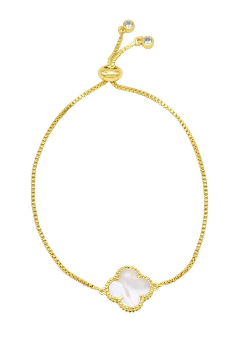 Adjustable Bolo White Mother of Pearl Flower Bracelet Gold