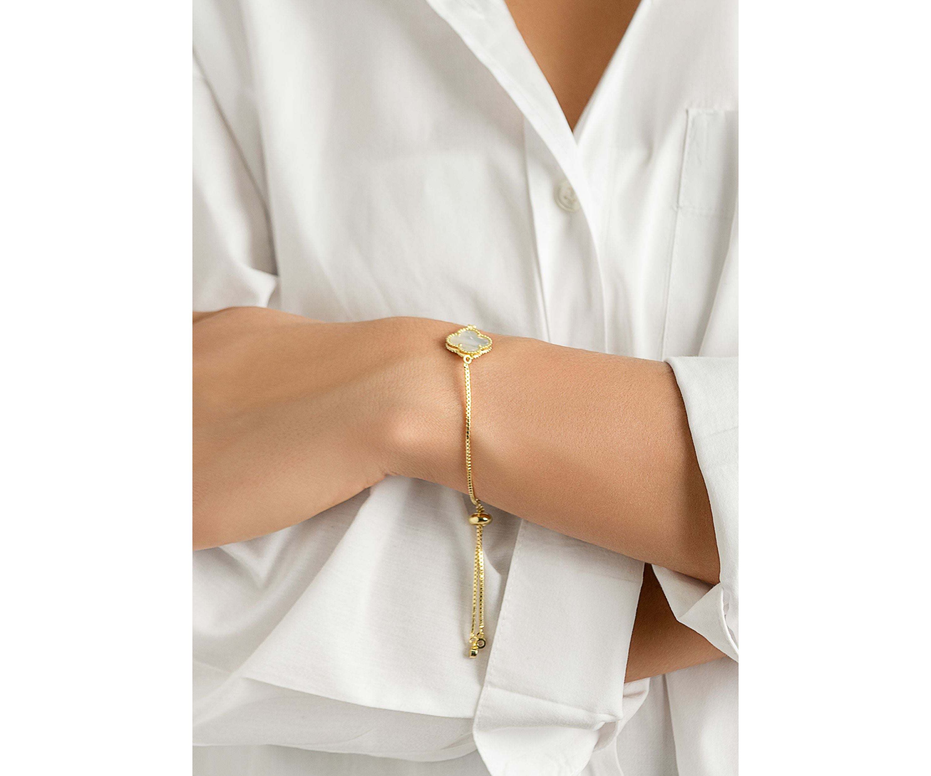 Adjustable Bolo White Mother of Pearl Flower Bracelet Gold