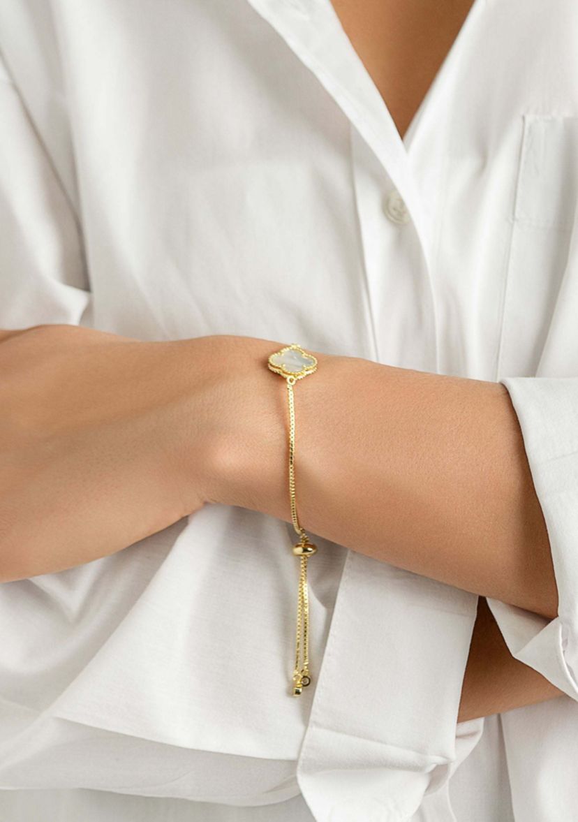 Adjustable Bolo White Mother of Pearl Flower Bracelet Gold