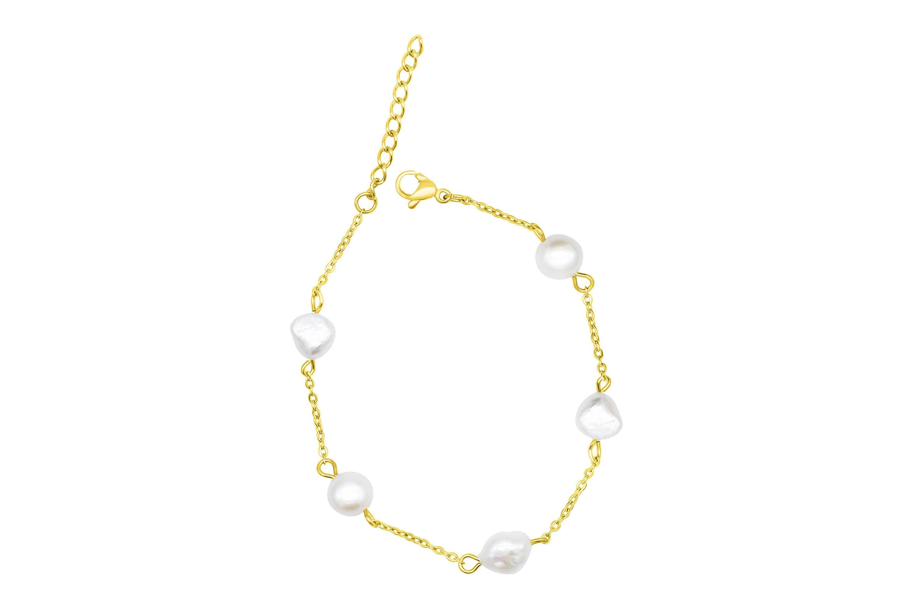 Tarnish Resistant 14k Gold Plated Adjustable Station Freshwater Pearl Bracelet