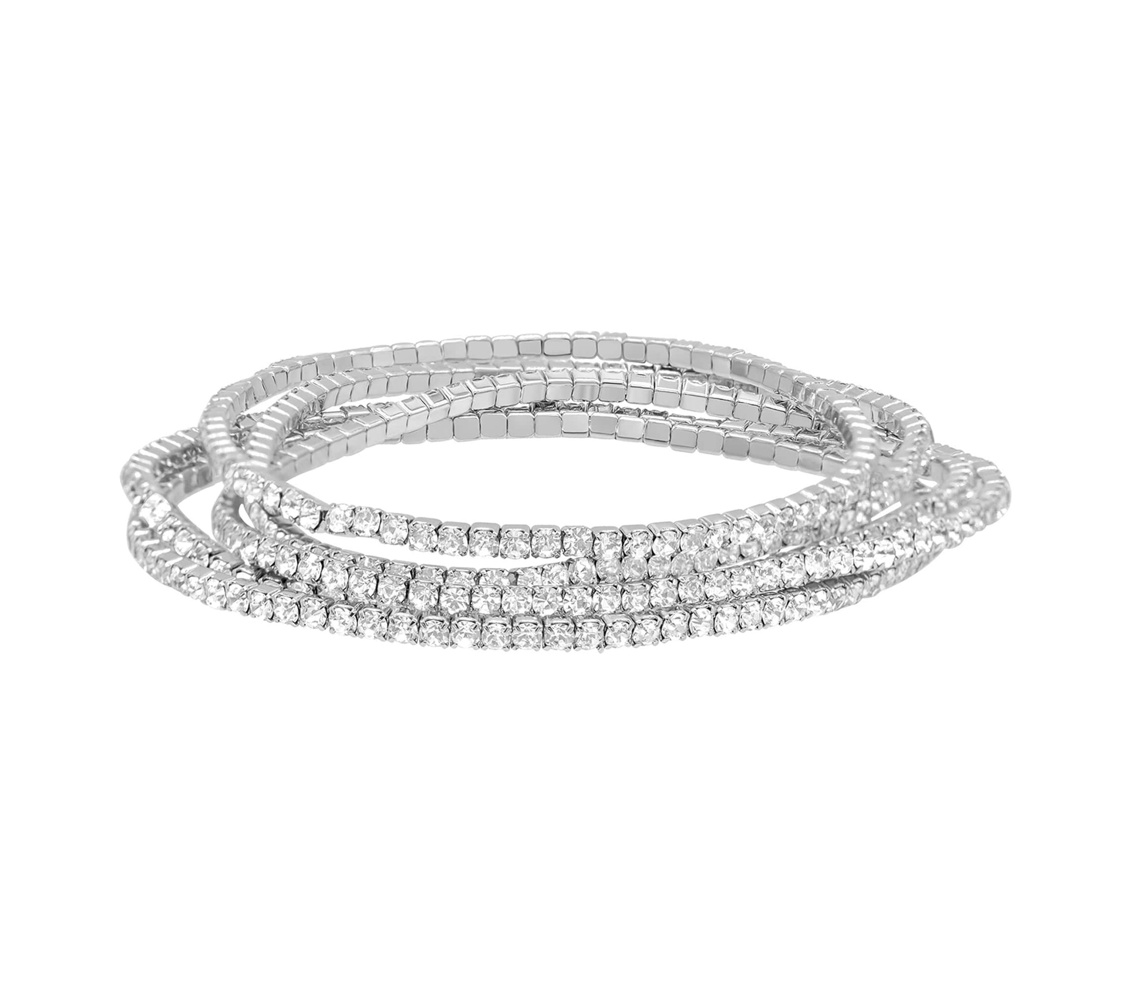 Rhodium Plated Multi Stretch Crystal Bracelet Set