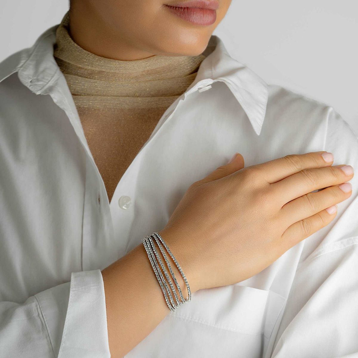 Rhodium Plated Multi Stretch Crystal Bracelet Set