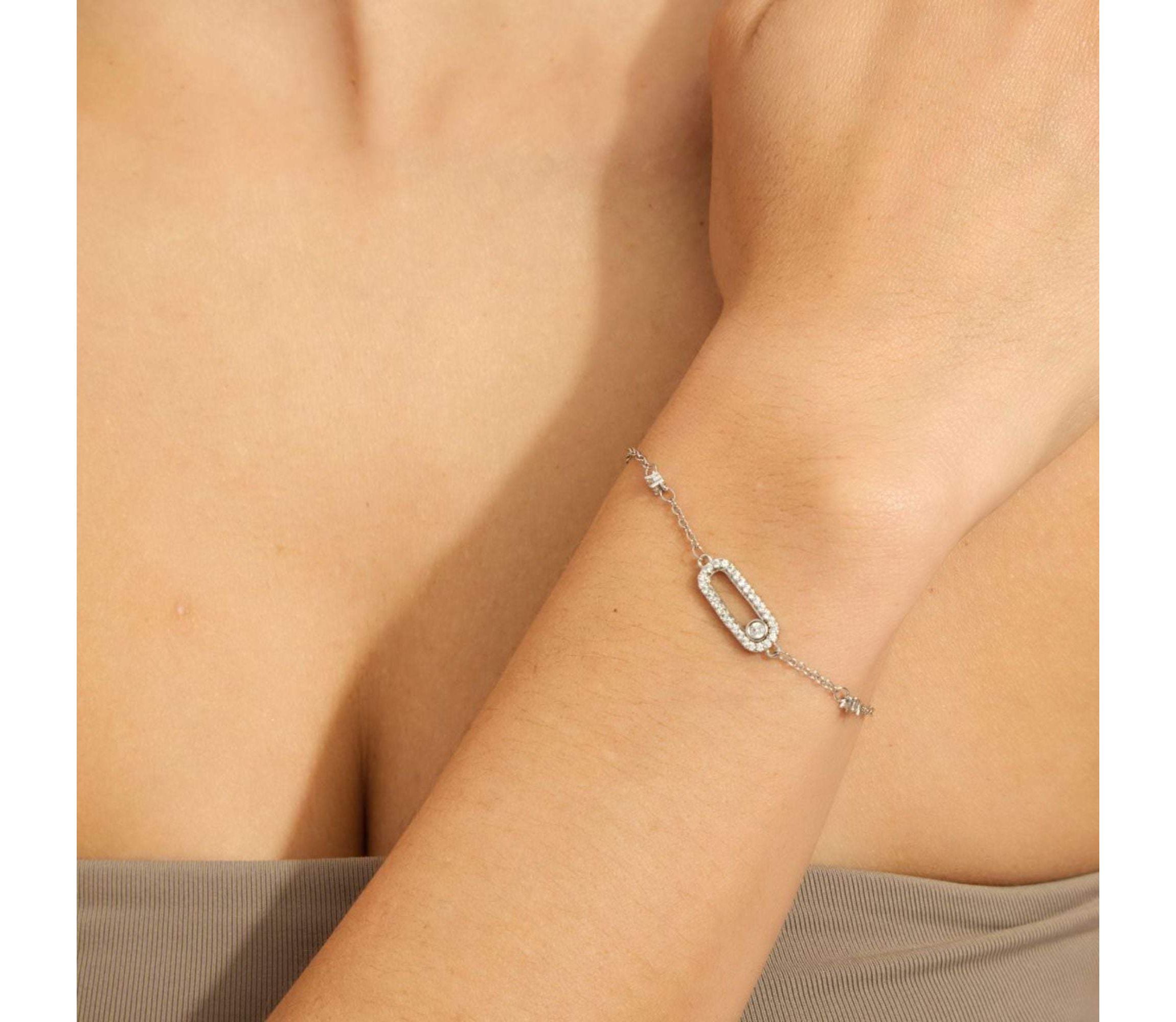 Sterling Silver Plated Adjustable CZ Dancing Stone  Bracelet