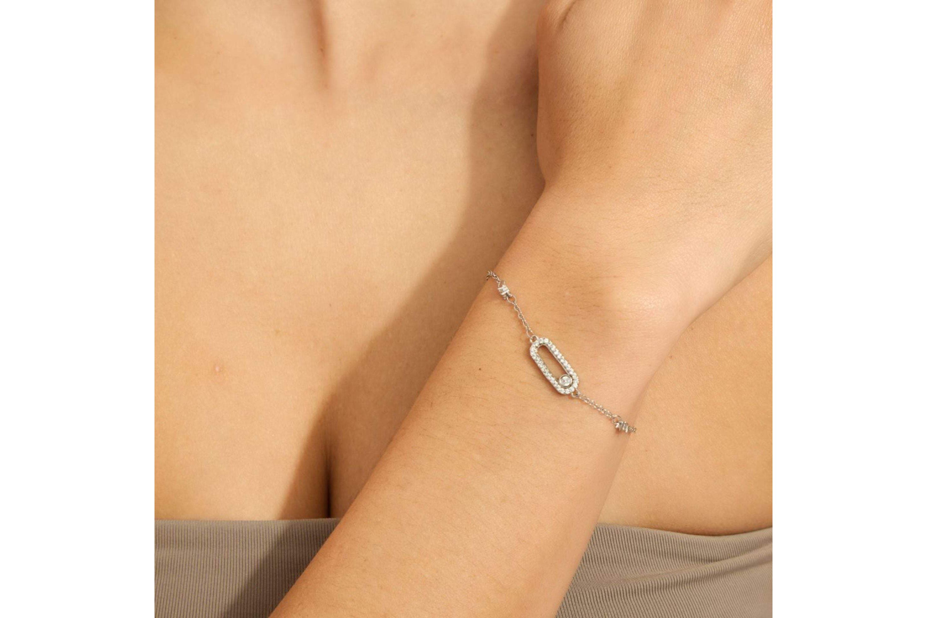 Sterling Silver Plated Adjustable CZ Dancing Stone  Bracelet