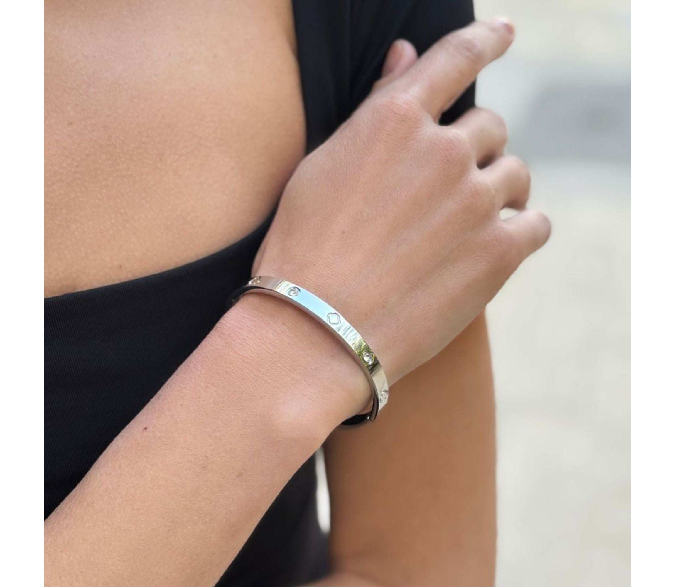 Tarnish Resistant Silver Plated CZ and Clover Bangle