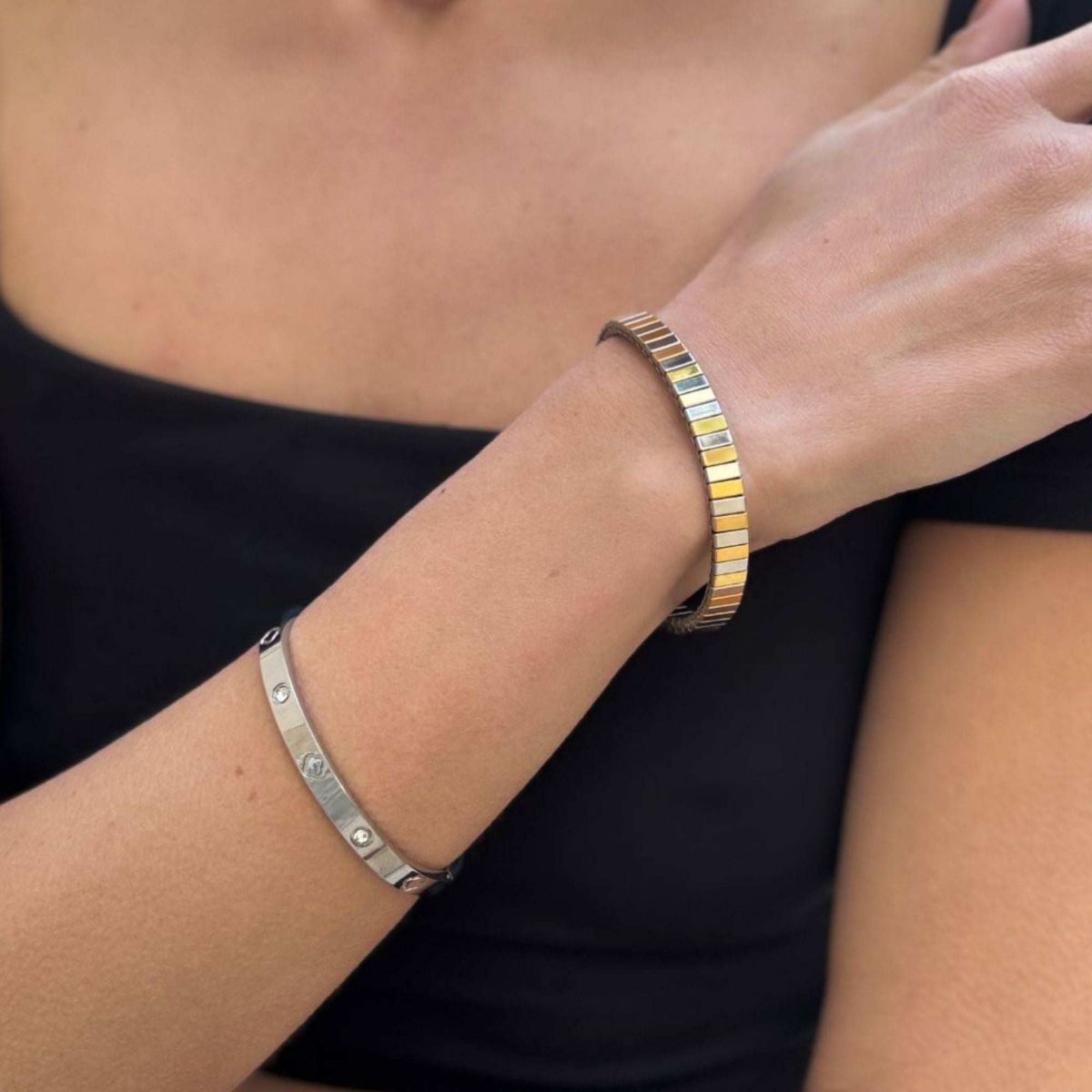 Tarnish Resistant Silver Plated CZ and Clover Bangle