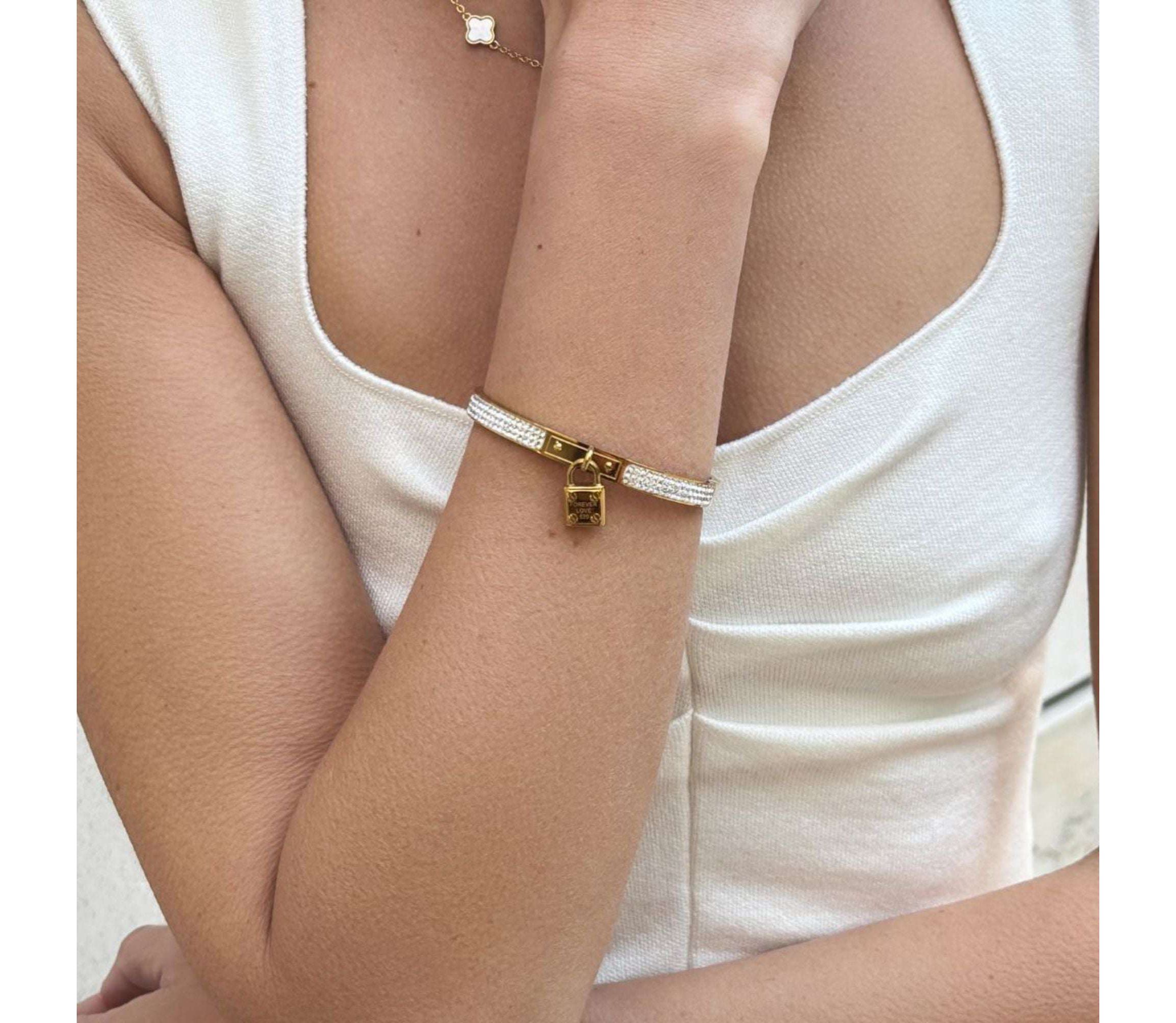 Tarnish Resistant 14k Gold Plated Pave Lock Bangle