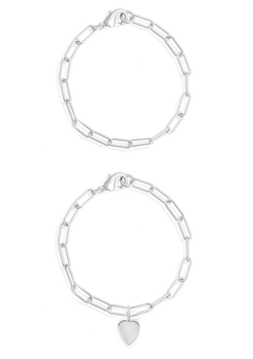 Tarnish Resistant SIlver Plated Heart Paper Clip Chain Bracelet Set