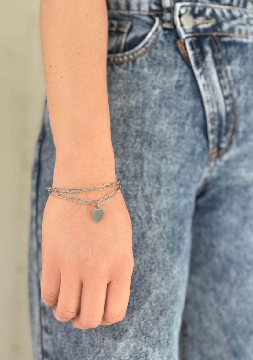 Tarnish Resistant SIlver Plated Heart Paper Clip Chain Bracelet Set