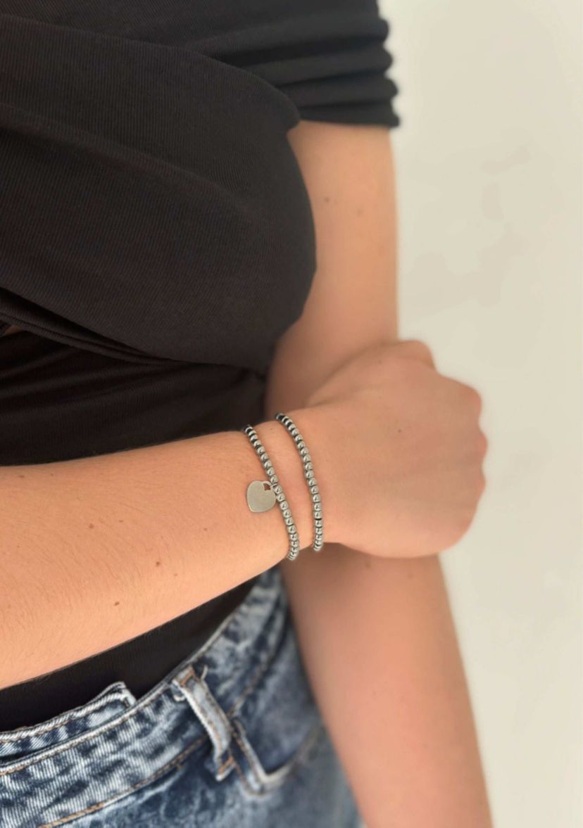 Tarnish Resistant Silver Plated Set of Ball Bracelets with Heart