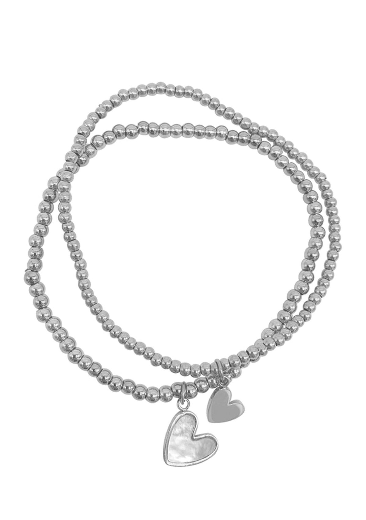 Tarnish Resistant Silver Plated Set of Heart Ball Bracelets with Mother of Pearl