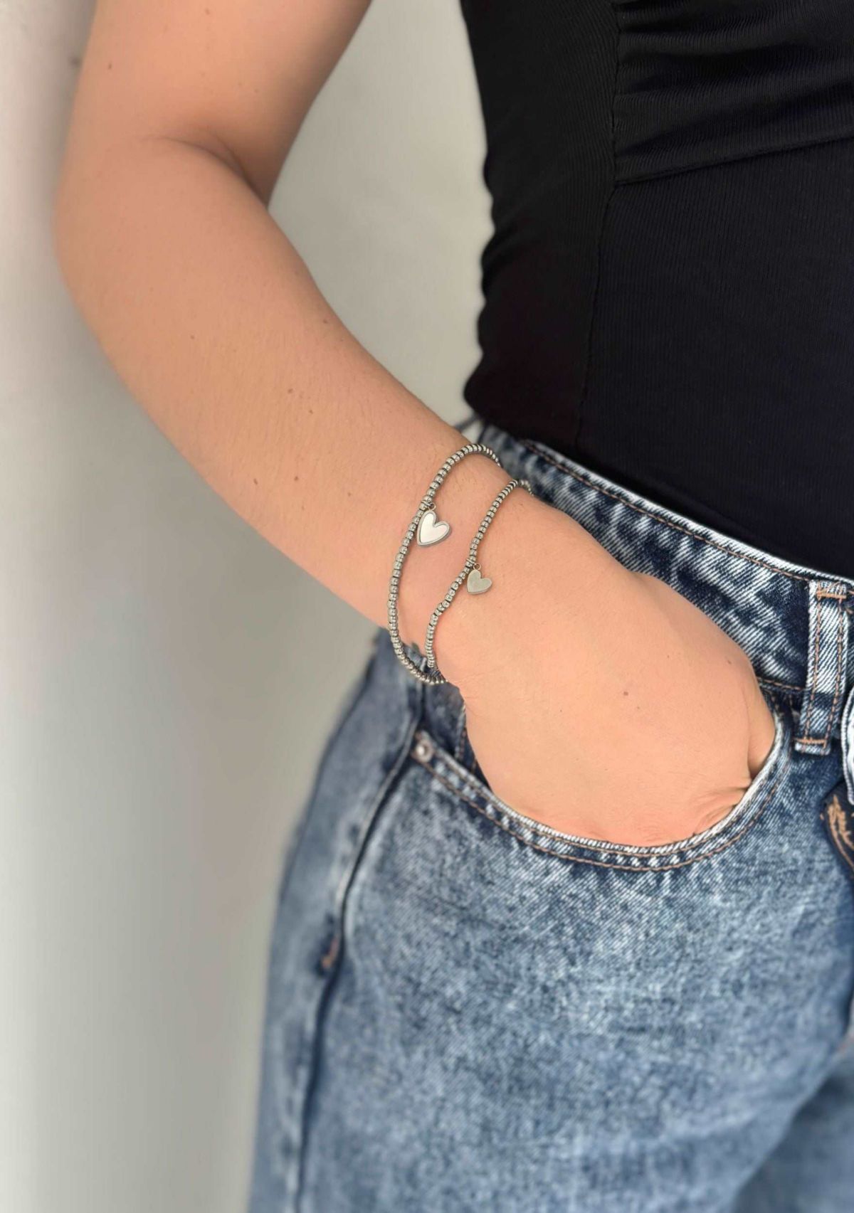 Tarnish Resistant Silver Plated Set of Heart Ball Bracelets with Mother of Pearl