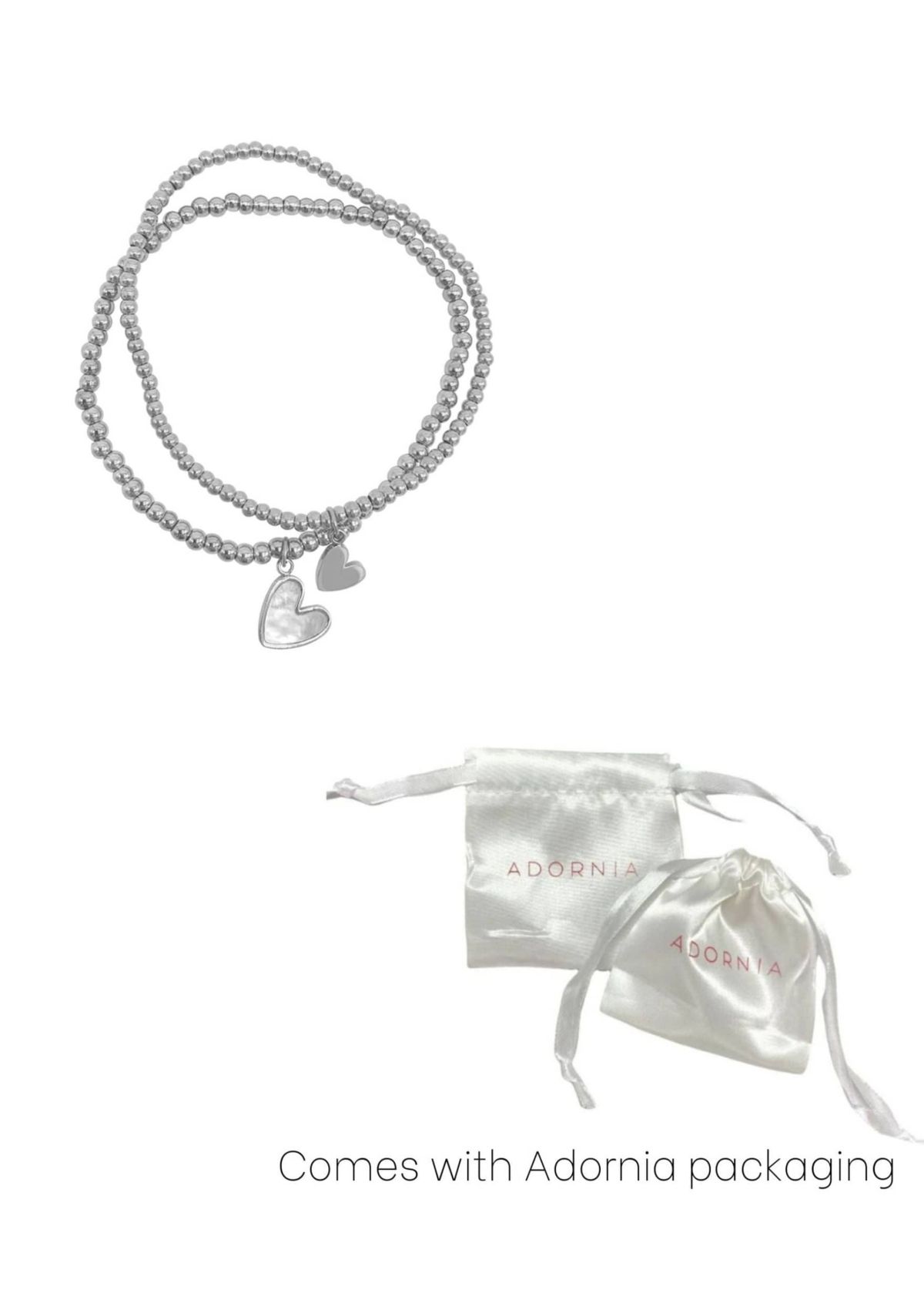Tarnish Resistant Silver Plated Set of Heart Ball Bracelets with Mother of Pearl