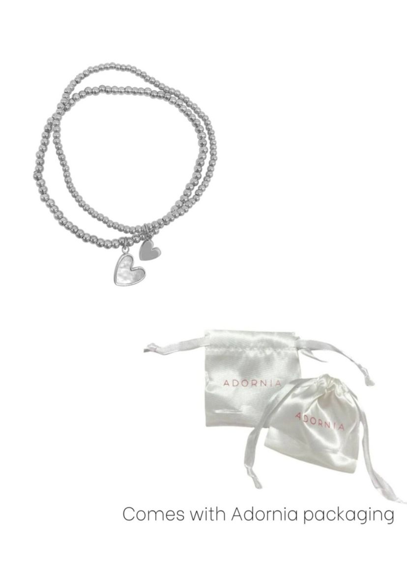 Tarnish Resistant Silver Plated Set of Heart Ball Bracelets with Mother of Pearl